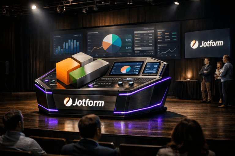 A photorealistic medium-wide cinematic shot, camera positioned approximately 1–2 meters from the subject, capturing a large physical 3D isometric Jotform logo transformed into a sleek analytics control console on a dark wooden theater stage, the official Jotform logo clearly visible on the front panel and on nearby screens, surrounded by subtle interface elements and glowing status indicators, clearly readable within a realistic environment. The object integrates subtle electric-purple (#7B63FF) accent lighting along its edges and interface lines, indicating intelligence and activity without overpowering realism. Set in a contemporary tech-noir theater environment: a dimly lit auditorium with dark wood floors and stage, minimalist stage rigging, and a wide wall of semi-abstract dashboards and charts behind the console in cool blues, greys, and soft orange/green Jotform tones, with a few marketing professionals in business-casual attire seated in the front rows and standing at the side of the stage, their faces softly lit by screen glow, appearing as natural, candid observers in the background and periphery. Lighting is low-key and practical, with the main illumination coming from the console screens and stage monitors, complemented by a soft integrated white spotlight from above and slightly to the side, gently revealing the logo’s 3D form, brushed-metal and glass textures, and the grain of the dark wood stage, while the audience area falls into moody shadow. Cinematic realism, 35mm lens look, natural shallow-to-medium depth of field, neutral corporate color palette with restrained neon accents, premium materials, ultra-detailed, 8K, no captions, no text overlays, no watermarks.
