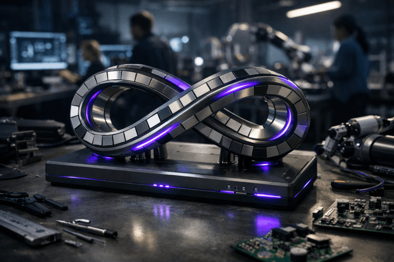 A photorealistic medium-wide cinematic shot, camera positioned approximately 1–2 meters from the subject, capturing a sleek, desk-sized kinetic sculpture representing modern Just-in-Time flow: interlocking brushed-aluminum tracks with small anodized metal tiles circulating in a continuous loop, mounted on a dark matte base with subtle integrated LED indicators and fine mechanical detailing, clearly readable on a robotics assembly workbench. The object integrates subtle electric-purple #7B63FF accents indicating intelligence or activity without overpowering realism, glowing softly along select LED strips and cable sleeves. Set in a dim, high-tech robotics lab at night, on a lived-in assembly table scattered with neatly arranged precision tools, circuit boards, and a partially assembled robotic arm, with diverse engineers and technicians in the soft-focus background collaborating and moving naturally around other workstations, illuminated by the cool glow of monitors and control panels. Lighting is low-key and practical, coming from overhead industrial fixtures, task lamps, and screen light, complemented by a soft integrated white spotlight from the side that gently reveals the sculpture’s form, metallic textures, and depth. Cinematic realism, natural depth of field, premium materials, ultra-detailed, 8K, no captions, no text overlays, no watermarks.