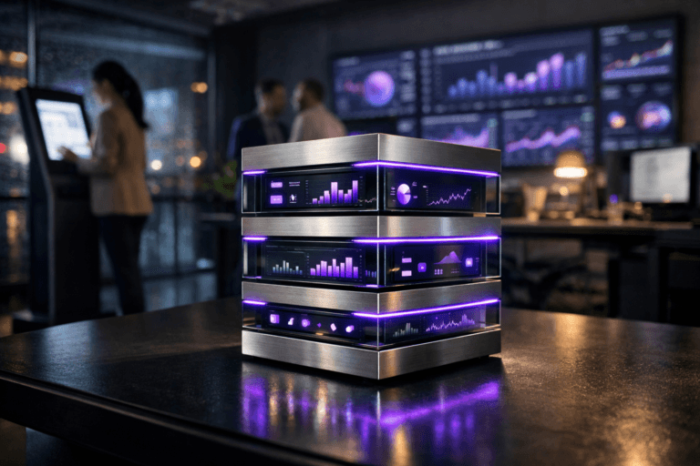 A photorealistic medium-wide cinematic shot, camera positioned approximately 1–2 meters from the subject, capturing a premium tabletop “just-in-time marketing control sculpture”: a sleek glass-and-brushed-metal cubic device composed of stacked isometric layers, with embedded miniature screens and physical LED strips displaying abstract real-time graphs, charts, and notification-style icons (no readable text), subtle electric-purple #7B63FF edge glows and data pulses indicating live intelligence and activity, clearly readable within a realistic environment. The object integrates subtle electric-purple accents indicating intelligence or activity without overpowering realism. Set in a modern self-service digital kiosk zone inside a contemporary performance-marketing “war room” office at night: a standing touchscreen self-service kiosk in the midground, large wall-mounted dashboards and monitors softly glowing with data visualizations, glass partitions, cable-managed workstations, and a distant window hinting at a rainy cityscape with faint neon reflections; a few diverse marketing professionals in business-casual attire collaborate in the background and periphery, one person interacting with the kiosk, others discussing around screens, all candid and secondary to the hero object. Lighting is low-key and practical, coming from the kiosk screen, wall monitors, and a few overhead fixtures, complemented by a soft integrated white spotlight from above and slightly to the side, gently revealing form, texture, and depth on the sculpture and surrounding materials. Cinematic realism, natural shallow-to-medium depth of field, premium materials, ultra-detailed, 8K, no captions, no logos, no text overlays, no watermarks.