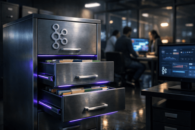 A photorealistic medium-wide cinematic shot, camera positioned approximately 1–2 meters from the subject, capturing a sturdy steel filing cabinet as the hero object, used as a physical metaphor for Kafka’s unified event timeline, with the official Apache Kafka logo rendered as a clean 3D isometric emblem subtly embossed and printed on the front of the top drawer and again as a small logo on a nearby computer monitor, drawers slightly open to reveal neatly organized folders with non-legible labels and color-coded dividers suggesting structured data streams, clearly readable within a realistic environment. The object integrates subtle electric-purple (#7B63FF) accents along drawer edges, handle reflections, and a faint inner glow between the slightly open drawers, indicating intelligence and activity without overpowering realism. Set in a dimly lit, modern data-operations office at night with a tech-noir mood, featuring a row of steel cabinets along one wall, glass partitions, and large monitors on adjacent desks displaying softly blurred real-time dashboards and Kafka pipeline monitoring, reflections on a polished concrete floor, and a cool neutral corporate palette with restrained neon purple and cyan highlights. Natural human presence appears in the background and periphery as a small, diverse marketing data team in business-casual clothing, slightly out of focus, collaborating around a workstation and glancing at the screens, their faces lit by monitor glow. Lighting is low-key and practical, coming from desk lamps, monitor light, and a distant window, complemented by a soft integrated white spotlight from above and slightly to the side of the hero cabinet, gently revealing brushed metal texture, logo contours, and the depth of the half-open drawers. Cinematic realism, 35mm–50mm photographic look, natural shallow-to-medium depth of field, premium materials, ultra-detailed, 8K, no captions, no text overlays, no readable text on labels, no watermarks, no floating elements, brand logo appears only on physical surfaces such as the cabinet face and the nearby monitor.