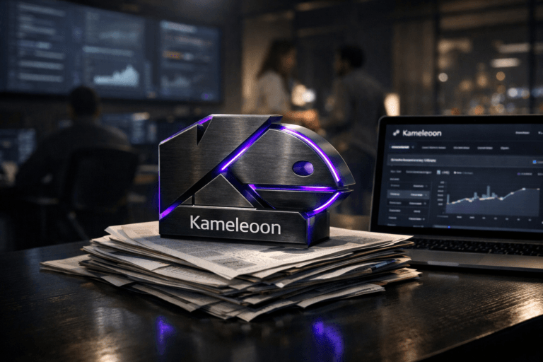 A photorealistic medium-wide cinematic shot, camera positioned approximately 1–2 meters from the subject, capturing a refined real-world hero object: a solid 3D isometric sculpture of the official Kameleoon logo in brushed dark metal with subtle electric-purple #7B63FF edge accents, resting naturally atop a slightly disordered stack of printed newspapers and detailed financial reports on a sleek dark office desk, the Kameleoon logo clearly readable both on the sculpted object and on a nearby laptop screen displaying the platform’s experimentation dashboard. The object integrates subtle electric-purple highlights and interface-like reflections indicating intelligence and data activity without overpowering realism. Set in a contemporary tech-noir corporate analytics war room at night, high above a city, with large wall-mounted monitors showing blurred dashboards and code, glass partitions, and a diverse group of professionals in smart-casual attire collaborating in the background and periphery, softly out of focus so they remain secondary to the logo sculpture. Lighting is low-key and practical, coming from computer screens, a distant city glow through floor-to-ceiling windows, and a soft integrated white spotlight from above and slightly to the side that gently reveals the form, texture, and depth of the Kameleoon logo, the paper edges, and the desk surface. Cinematic realism, 35mm lens look, natural shallow-to-medium depth of field, neutral corporate tones with restrained electric-purple neon accents, premium materials, ultra-detailed, 8K, no captions, no text overlays, no watermarks.