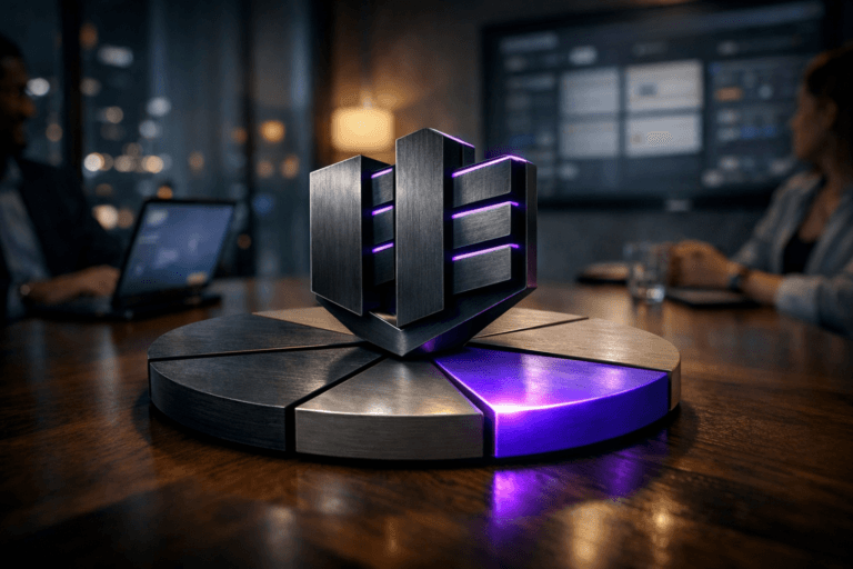 A photorealistic medium-wide cinematic shot, camera positioned approximately 1–2 meters from the subject, capturing a solid 3D isometric Kanban logo sculpture as the hero object — a clean, geometric emblem made of brushed dark metal, shaped like three staggered vertical columns and layered cards to evoke a Kanban board — standing firmly on the center of a physical wooden pie-chart dashboard laid on a sleek conference table, each pie segment precisely carved and painted in muted corporate tones (charcoal, slate gray, soft beige), with one key segment subtly accented in electric purple #7B63FF, all details crisp and clearly readable within a realistic environment. The object integrates subtle electric-purple accents indicating intelligence or activity without overpowering realism, with a faint neon purple rim light tracing edges of the logo and a gentle glow reflecting off the highlighted pie segment. Set in a modern Tech-Noir corporate meeting room at night, glass walls hinting at a city skyline with distant office lights and soft neon reflections, the wooden table extending into the foreground, blurred laptop screens and a wall-mounted dashboard in the background suggesting Kanban boards and analytics without legible text, a diverse group of professionals in business-casual attire partially visible and softly out of focus around the table, their hands, shoulders, and silhouettes providing natural human presence without drawing attention away from the logo and pie chart. Lighting is low-key and practical, coming from laptop screens, a distant floor lamp, and a soft integrated white spotlight from above and slightly to the side, gently revealing the metallic texture of the logo, the grain of the painted wood pie chart, and subtle reflections on the tabletop, with natural shallow-to-medium depth of field separating subject from background. Cinematic realism, 35mm photographic look, premium materials, ultra-detailed, 8K, no captions, no text overlays, no watermarks.