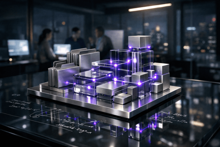 A photorealistic medium-wide cinematic shot, camera positioned approximately 1–2 meters from the subject, capturing a sleek physical tabletop sculpture that represents Knowledge Management: an isometric-inspired arrangement of transparent glass and brushed metal blocks and folders, stacked and interlocking like a miniature architectural library, with fine electric-purple (#7B63FF) light lines and nodes subtly pulsing between the elements, clearly readable on a glass conference table. The object integrates subtle electric-purple accents indicating intelligence or activity without overpowering realism, with soft internal LEDs and delicate reflections on the glass and metal surfaces. Set in a modern tech-noir SaaS product war-room office at night, with the sculpture resting on a glossy glass table whose surface shows handwritten white-marker mathematical formulas and product metrics beneath the object; behind it, a glass wall and large windows reveal a moody city skyline with distant lights, while softly glowing monitors and dashboards (no legible text) illuminate a small, diverse group of product managers and data analysts in the background, engaged in quiet discussion around screens and whiteboards, slightly out of focus and secondary to the sculpture. Lighting is low-key and practical, coming from laptop screens, wall monitors, and a discreet linear ceiling fixture, complemented by a soft integrated white spotlight from above and slightly to the side, gently revealing the sculpture’s form, texture, and depth, and casting clean reflections on the glass surface. Neutral corporate tones, cool ambient blues and greys, and restrained electric-purple accents create a subtle tech-noir atmosphere. Cinematic realism, natural depth of field, premium materials, ultra-detailed, 8K, no captions, no visible logos, no text overlays, no watermarks.