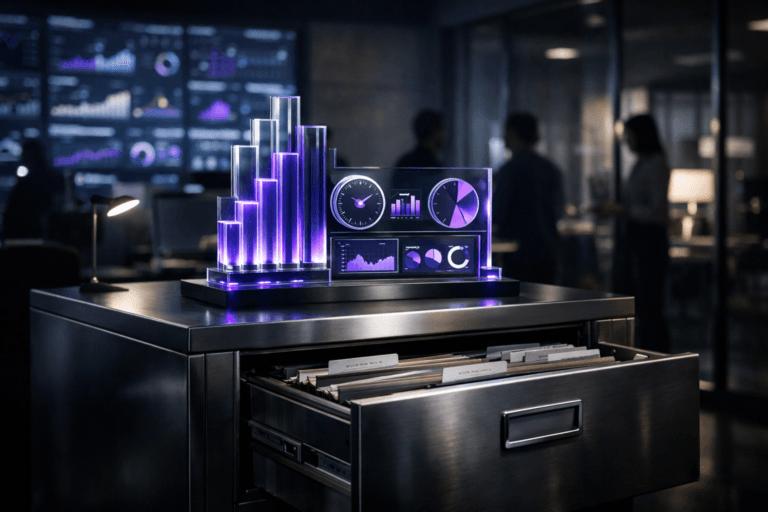 A photorealistic medium-wide cinematic shot, camera positioned approximately 1–2 meters from the subject, capturing a sleek steel filing cabinet as the hero object, its drawers slightly open with neatly labeled folders visible, serving as a pedestal for a tangible 3D data sculpture that represents product KPIs — stacked translucent acrylic bars, circular metric dials, and a small embedded generic dashboard screen — all clearly readable within a realistic environment. The object integrates subtle electric-purple (#7B63FF) accents as thin glowing edges, indicator lines, and soft reflections that suggest intelligence and live analytics without overpowering the corporate realism. Set in a modern tech-noir product analytics war room at night, inside a contemporary SaaS office: in the background, an out-of-focus video wall of dashboards and charts, glass partitions, and a few diverse product managers and analysts standing and talking quietly, partially silhouetted, providing natural human presence in the periphery without stealing focus from the cabinet and data sculpture. Lighting is low-key and practical, coming from the videowall, nearby monitors, and a slim desk lamp, complemented by a soft integrated white spotlight from above and slightly to the side that gently reveals the form, brushed metal, and glassy textures of the filing cabinet and KPI sculpture, creating layered reflections and depth in a cool neutral palette with restrained neon purple accents. Cinematic realism, subtle tech-noir atmosphere, natural shallow-to-medium depth of field, premium materials, ultra-detailed, 8K, no captions, no text overlays, no watermarks.