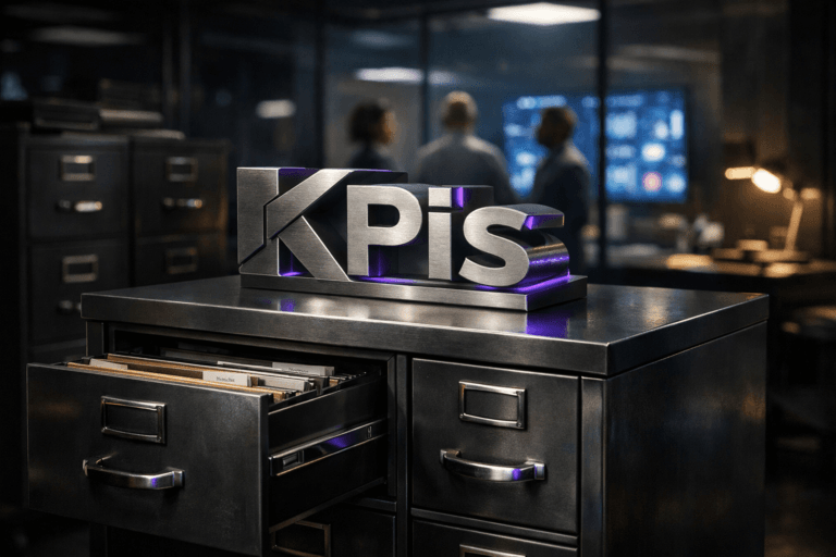 A photorealistic medium-wide cinematic shot, camera positioned approximately 1–2 meters from the subject, capturing a sturdy steel filing cabinet with slightly open drawers revealing neatly labeled folders, on top of it a solid physical 3D “KPIs” brand logo in brushed metal with subtle isometric geometry, the KPIs wordmark logo clearly readable and integrated into the object, within a realistic corporate environment. The object integrates subtle electric-purple (#7B63FF) accents as thin edge lighting along the logo and faint reflections on the cabinet handles, indicating intelligence and activity without overpowering realism. Set in a Tech-Noir analytics war room at night inside a modern office, with other steel filing cabinets and a glass wall revealing a distant meeting area where a small, diverse group of professionals in business-casual attire confers near softly glowing dashboard screens, their figures slightly out of focus in the background or periphery. Lighting is low-key and practical, coming from overhead office fixtures, a distant wall of monitors and a desk lamp, complemented by a soft integrated white spotlight from above and slightly to the side that gently reveals the form, texture and depth of the KPIs logo and the steel cabinet. Cinematic realism, 35mm lens look, natural shallow-to-medium depth of field, neutral corporate palette with restrained electric-purple neon accents, premium materials, ultra-detailed, 8K, no UI text or captions on screens, no watermarks.