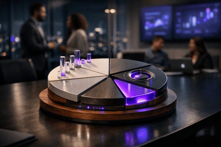 A photorealistic medium-wide cinematic shot, camera positioned approximately 1–2 meters from the subject, capturing a stylized physical data sculpture representing product KPIs: a multi-layered wooden and glass pie-chart disk with painted, high-gloss segments in neutral tones and subtle electric-purple #7B63FF accents, integrated with small embedded acrylic bars and dials that suggest metrics and performance, resting solidly on a sleek dark conference-room table within a realistic environment. The object integrates subtle electric-purple accents indicating intelligence or activity without overpowering realism. Set in a modern glass-walled corporate meeting room at night, overlooking a tech-noir city skyline with soft neon reflections on the windows, large wall screens in the background softly blurred and showing abstract dashboard-like graphics, and a diverse group of realistic professionals in business-casual attire standing and sitting around the room in the periphery, engaged in quiet discussion while the KPI sculpture remains the clear hero in the foreground. Lighting is low-key and practical, coming from overhead fixtures, laptop and screen glow, and complemented by a soft integrated white spotlight from the side that gently reveals the form, wood grain, painted surfaces, and glass reflections of the sculpture, adding depth and subtle contrast. Cinematic realism, natural depth of field, premium materials, ultra-detailed, 8K, no text, no captions, no watermarks.