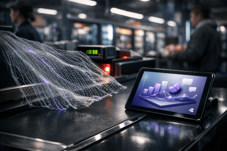 A photorealistic medium-wide cinematic shot, camera positioned approximately 1–2 meters from the subject, capturing a semi-transparent physical fishing net made of fine, subtly luminescent threads mid-air as it is being cast to cover a wide section of a black supermarket checkout conveyor belt, next to a sleek embedded tablet on the counter displaying a clean 3D isometric dashboard of social media KPIs on a soft gradient background (no readable text, only abstract graphs and shapes, with a small generic analytics logo in the corner) clearly readable within a realistic environment. The object integrates subtle electric-purple #7B63FF accents running through the net’s strands and glowing softly on key elements of the dashboard interface, indicating intelligence and data activity without overpowering realism. Set in a late-night Tech-Noir supermarket checkout lane with a black conveyor belt, glossy counter surfaces, barcode scanner glow, digital price displays and refrigerated aisles receding into the background, a cashier and a customer visible softly out of focus at the periphery, diverse and natural in posture. Lighting is low-key and practical, coming from overhead supermarket fixtures, scanner lights and the tablet screen, complemented by a soft integrated white spotlight from above and slightly to the side, gently revealing form, texture and depth in the net, conveyor, and tablet. Cinematic realism, natural shallow-to-medium depth of field, neutral corporate tones with restrained electric-purple neon reflections, premium materials, ultra-detailed, 8K, no captions, no text overlays, no watermarks.