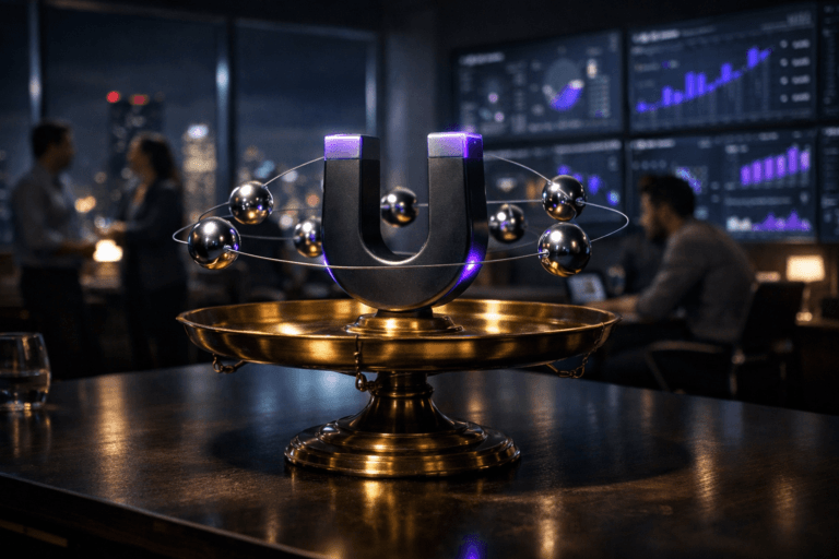 A photorealistic medium-wide cinematic shot, camera positioned approximately 1–2 meters from the subject, capturing an antique polished brass balance scale placed on a sleek dark meeting-room table, its central plate supporting a large matte-black U-shaped magnet that pulls several chrome-metal spheres into stable, suspended orbital paths above the brass plates, each sphere sharply defined and easily readable as the hero object within a realistic environment. The object integrates subtle electric-purple accents (#7B63FF) as faint glows along the magnet’s edges and soft reflections on the spheres, indicating intelligence and activity without overpowering realism. Set in a modern Tech-Noir corporate analytics war-room at night, with floor-to-ceiling windows revealing a moody city skyline and distant neon lights, and a wall of softly glowing real-time dashboards and data visualizations on large screens behind the table in neutral corporate tones with restrained electric-purple highlights. Natural human presence in the background and periphery: a small, diverse group of professionals in business-casual attire standing and sitting around the table, candidly collaborating and slightly out of focus so they remain secondary to the magnet and scale. Lighting is low-key and practical, coming from the screens, a desk lamp, and the city glow, complemented by a soft integrated white spotlight from above that gently illuminates the brass scale, magnet, and orbiting spheres, revealing realistic metal textures, subtle reflections, and depth. Cinematic realism, natural depth of field, premium materials, ultra-detailed, 8K, no text, no captions, no watermarks.