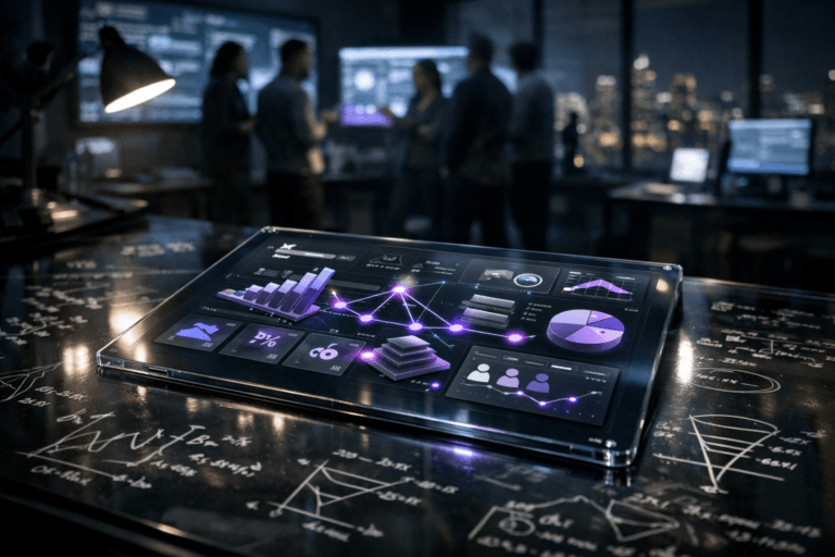 A photorealistic medium-wide cinematic shot, camera positioned approximately 1–2 meters from the subject, capturing a sleek transparent glass tablet lying on a glass desk, its surface acting as a UX KPI control panel displaying a contemporary 3D isometric dashboard of interconnected tiles, nodes, and charts, the interface clearly readable and physically grounded, with subtle electric-purple #7B63FF accents pulsing along connection lines and key data points to indicate intelligence and activity without overpowering realism. Set in a dimly lit late-night tech-noir UX analytics war room inside a modern corporate office, with the glass tabletop covered in white-marker mathematical formulas, funnels, and analytic notations, and softly glowing monitors and a distant city skyline providing ambient light. Natural human presence appears in the background as a diverse group of UX and product professionals standing and discussing around larger wall-mounted screens, rendered in soft focus so they remain secondary to the hero object. Lighting is low-key and practical, coming from computer screens, a discrete desk lamp, and cool city light spilling through a window, complemented by a soft integrated white spotlight from the side that gently reveals the form, texture, and reflections on the glass tablet and desk, as well as the handwritten formulas. Cinematic realism, natural depth of field, premium materials, ultra-detailed, 8K, no captions, no text overlays, no watermarks.