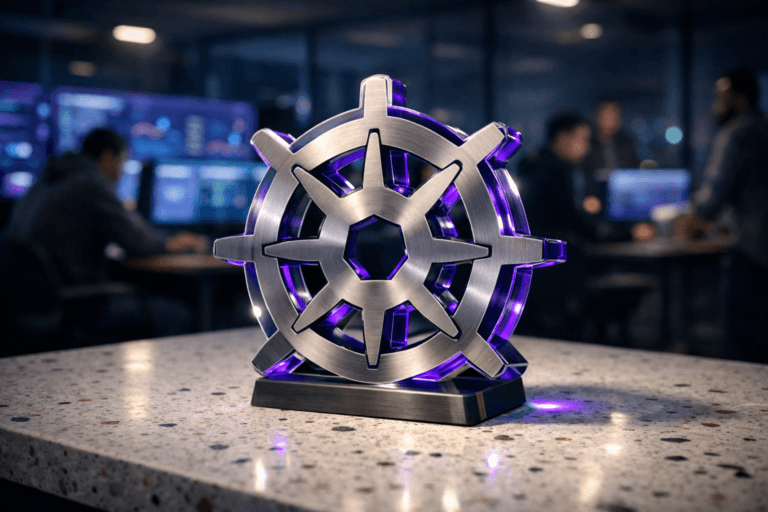 A photorealistic medium-wide cinematic shot, camera positioned approximately 1–2 meters from the subject, capturing a solid 3D isometric sculpture of the official Kubernetes helm-wheel logo as a premium acrylic and brushed-metal object, clearly readable, resting naturally on a white terrazzo (granilite) tabletop with small colorful stone chips; the logo’s edges and internal facets feature subtle electric-purple (#7B63FF) accents and faint internal reflections that suggest intelligent orchestration and AI activity without looking sci‑fi or exaggerated. The object integrates subtle electric-purple accents indicating intelligence or activity without overpowering realism. Set in a modern tech operations room at night with a restrained Tech-Noir mood: in the softly blurred background, large ultrawide monitors display abstract dashboards, casting cool blue and purple light, while a diverse group of DevOps and platform engineers collaborate around nearby workstations in candid poses, all within a glass-walled corporate office with hints of a city skyline outside. Lighting is low-key and practical, coming from the monitors and a few overhead office fixtures, complemented by a soft integrated white spotlight from above and slightly to the side that gently reveals the logo’s form, the terrazzo texture, and subtle reflections on the table surface. Cinematic realism, 35mm lens look, natural shallow-to-medium depth of field, neutral corporate color palette with restrained neon accents, premium materials, ultra-detailed, 8K, no text, no captions, no watermarks.