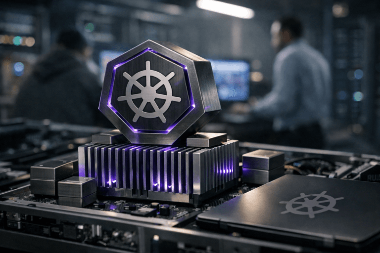 A photorealistic medium-wide cinematic shot, camera positioned approximately 1–2 meters from the subject, capturing a solid 3D isometric Kubernetes brand logo made of brushed dark metal, physically constructed as a small sculptural object resting on top of a real aluminum heatsink with tall fins, surrounded by a few neatly arranged metallic container-like blocks representing microservices, the official Kubernetes helm logo clearly visible on the front face of the sculpture and subtly repeated on a nearby laptop lid, clearly readable within a realistic environment. The object integrates subtle electric-purple #7B63FF accents glowing softly along the edges of the logo and between the heatsink fins, indicating intelligence or activity without overpowering realism. Set in a moody Tech-Noir fintech data center workbench, inside an open server chassis on a desk with blurred monitors showing abstract dashboards and distant rows of server racks, with a couple of diverse engineers in hoodies and business-casual attire softly out of focus in the background, interacting with the hardware and screens in a natural way, with natural human presence in the background or periphery. Lighting is low-key and practical, coming from cool overhead data center strips, monitor glow, and a few indicator LEDs, complemented by a soft integrated white spotlight from above and slightly to the side, gently revealing form, texture, and depth on the logo, heatsink fins, and metal surfaces. Cinematic realism, 35mm lens look, natural depth of field, premium materials, ultra-detailed, 8K, subtle neutral corporate color palette with restrained neon purple accents, no text, no captions, no watermarks, no logos other than Kubernetes.
