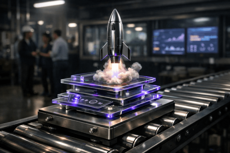 A photorealistic medium-wide cinematic shot, camera positioned approximately 1–2 meters from the subject, capturing a stylized yet physically real hero object that represents a product launch: a compact premium metal rocket lifting off from stacked translucent interface tiles and roadmap cards, all fused into a single polished tabletop-scale sculpture mounted directly atop a short segment of industrial conveyor belt with silver rollers, clearly readable within a realistic environment. The object integrates subtle electric-purple #7B63FF accents as fine light traces along the panel edges and a faint focused glow at the rocket’s base, indicating intelligence and activity without overpowering realism. Set in a modern Tech-Noir product operations lab on a factory floor, with the conveyor belt extending into a dim industrial hall, glass-walled control room windows and large dashboard monitors showing abstract analytics and timelines in the distance, and a few diverse professionals in business-casual attire and light safety gear observing the line and conversing quietly in the background, softly out of focus. Lighting is low-key and practical, coming from overhead industrial strip lights, monitor screens, and a soft integrated white spotlight from above and slightly to the side of the sculpture, gently revealing metal, glass, and plastic textures, subtle reflections on the silver rollers, and strong depth and volume. Cinematic realism, natural shallow-to-medium depth of field, neutral corporate palette with restrained electric-purple neon accents, premium materials, ultra-detailed, 8K, no text, no captions, no watermarks.