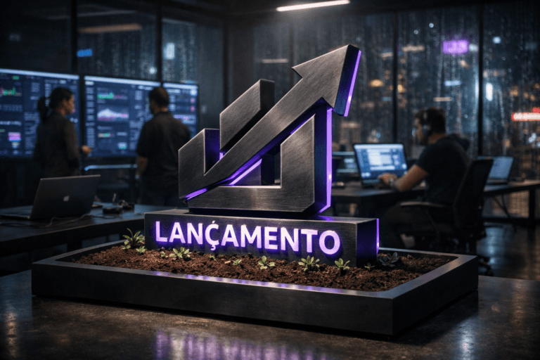 A photorealistic medium-wide cinematic shot, camera positioned approximately 1–2 meters from the subject, capturing a large 3D isometric sculpture of the official “Lançamento” logo in brushed dark metal, its edges subtly glowing with electric purple (#7B63FF), firmly anchored in a shallow rectangular bed of rich dark fertile soil with tiny green sprouts emerging around its base, the planter integrated into a sleek matte-black platform on the floor of a modern SaaS operations room, clearly readable within a realistic environment. The object integrates subtle electric-purple accents indicating intelligence or activity without overpowering realism. Set in a nighttime software-launch war room inside a glass-walled tech office, with floor-to-ceiling windows revealing a rainy neon-lit city, rows of softly glowing dashboards and monitors, minimalist desks with laptops and cables, and a few diverse team members in the background standing or seated in candid postures with neutral, focused expressions, all in neutral corporate tones with restrained purple and teal reflections, with natural human presence in the background or periphery. Lighting is low-key and practical, complemented by a soft integrated white spotlight from above or the side, gently revealing form, texture, and depth. Cinematic realism, natural depth of field, premium materials, ultra-detailed, 8K.