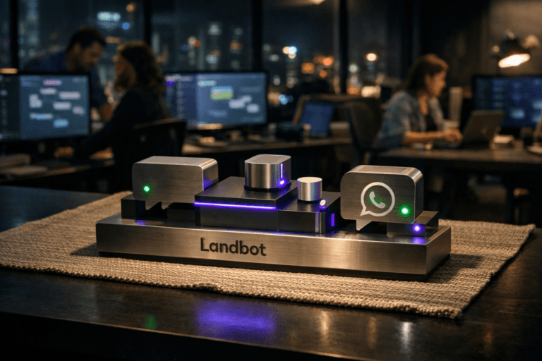 A photorealistic medium-wide cinematic shot, camera positioned approximately 1–2 meters from the subject, capturing a physical 3D isometric sculpture of the official Landbot logo, built as a premium acrylic and brushed-metal conversation control console, resting on a woven raw linen cloth runner atop a dark matte desk; the Landbot logo is clearly visible on the front plane, with modular block-like elements and subtle glowing indicators evoking no-code conversational flows, CRM integrations and WhatsApp sales journeys. The object integrates subtle electric-purple (#7B63FF) edge accents and tiny status LEDs indicating intelligence and activity without overpowering realism, while preserving Landbot’s primary brand colors. Set in a dimly lit, modern open-plan marketing operations office at night in São Paulo, tech-noir mood, with large windows revealing a moody city skyline and soft neon reflections on glass; multiple ultrawide monitors and laptops around the room display softly blurred chatbot builders, flow diagrams and WhatsApp-style conversation windows, plus analytics dashboards with graphs and funnels, all kept unreadable. A small, diverse group of marketing professionals in smart-casual attire works in the background and periphery, collaborating around nearby workstations, naturally candid and slightly out of focus so the Landbot console remains the hero. Lighting is low-key and practical, coming from screens, a few desk lamps and distant ceiling fixtures, complemented by a soft integrated white spotlight from above and slightly to the side that gently sculpts the Landbot logo sculpture and the texture of the raw woven linen fabric, revealing form, material richness and fine detail. Neutral corporate tones dominate (charcoal, graphite, soft beige linen, desaturated greens), with restrained electric-purple neon accents on UI elements and reflections to reinforce the Tech-Noir atmosphere. Cinematic realism, natural shallow-to-medium depth of field, 50mm lens look, premium materials, ultra-detailed, 8K, cinematic color grading, no captions, no text overlays, no watermarks.