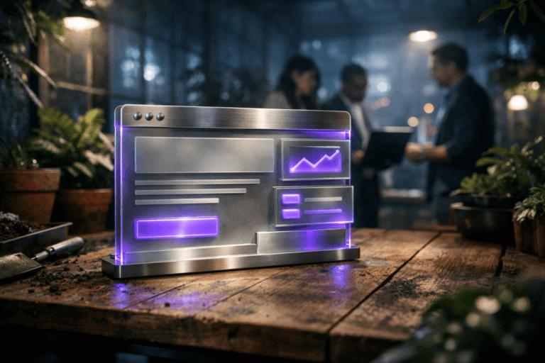 A photorealistic medium-wide cinematic shot, camera positioned approximately 1–2 meters from the subject, capturing a sleek real-world hero object that represents a high-converting landing page: a semi-translucent glass and brushed-metal desktop sculpture in the shape of a minimalist browser window, with layered panels and raised blocks suggesting headlines, buttons and analytics cards, clearly readable and centered on a rustic wooden greenhouse workbench. The object integrates subtle electric-purple #7B63FF accents indicating intelligence or activity along its edges and within a few glowing UI blocks, without overpowering realism. Set in a dim, modern Tech-Noir greenhouse studio at night, with the wooden potting bench surrounded by potted plants, hanging foliage, gardening tools and misted leaves, cool bluish ambient light seeping through glass walls and distant city lights beyond. Natural human presence appears in the background as a few softly blurred, diverse professionals in smart-casual attire, standing near a laptop and tablet as they review metrics, their screens casting gentle reflections on the sculpture. Lighting is low-key and practical, coming from laptop screens, small desk lamps and overhead greenhouse fixtures, complemented by a soft integrated white spotlight from above and slightly to the side, gently revealing form, texture and depth of the sculpture and the wood grain of the bench. Cinematic realism, natural shallow-to-medium depth of field, neutral corporate tones with restrained neon purple accents, premium materials, ultra-detailed, 8K, no captions, no legible on-screen text, no watermarks.