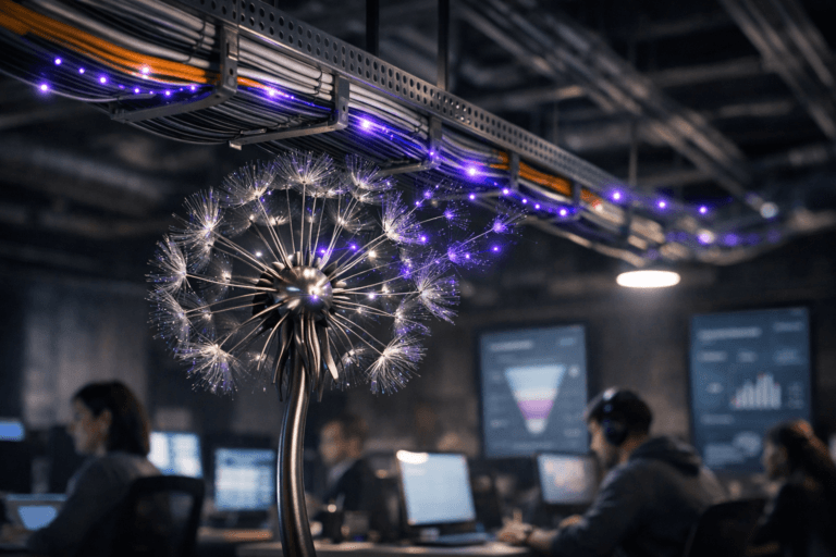 A photorealistic medium-wide cinematic shot, camera positioned approximately 1–2 meters from the subject, capturing a realistic glass-and-brushed-metal dandelion sculpture mounted just beneath a meticulously organized ceiling cable tray of neatly bundled, color-coded cables, its seeds represented as tiny semi-transparent digital particles subtly illuminated in electric purple #7B63FF flowing along the cables to suggest social-media clicks transforming into optimized landing-page journeys, clearly readable within a realistic environment. The object integrates subtle electric-purple accents indicating intelligence or activity without overpowering realism. Set in a polished Tech-Noir marketing operations room with an exposed industrial ceiling and cable management, rows of modern desks, and large vertical monitors in the background showing softly blurred analytics dashboards and funnel visualizations, with a small, diverse team of professionals working in candid poses in the periphery, slightly out of focus. Lighting is low-key and practical, mixing cool ambient ceiling light, monitor glow, and a soft integrated white spotlight from above and the side that gently reveals the form, texture, and depth of the dandelion sculpture and cable tray. Cinematic realism, natural shallow-to-medium depth of field, premium materials, ultra-detailed, 8K, no captions, no text overlays, no watermarks.