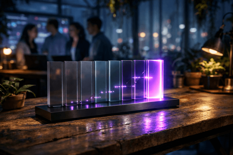 A photorealistic medium-wide cinematic shot, camera positioned approximately 1–2 meters from the subject, capturing a physical tabletop sculpture representing Last-Touch Attribution as the clear hero object: a real-world, premium-looking 3D sculpture on a rustic wooden workbench, composed of a row of vertical translucent acrylic panels symbolizing stages of a digital journey, each panel a neutral smoky gray or soft teal, gradually fading into darkness, while only the very last panel is vividly illuminated from within by a subtle electric purple #7B63FF glow, casting sharp reflections on a sleek dark metal base and the wood surface, clearly readable and instantly legible as a metaphor of “only the last step gets the spotlight.” The object integrates subtle electric-purple accents indicating intelligence or activity without overpowering realism, with tiny embedded LED-like light lines tracing toward the final panel. Set in a real-world Tech-Noir environment: a nighttime greenhouse studio, with the sculpture placed on a rustic wooden greenhouse bench surrounded by potted plants and hanging greenery, glass walls revealing a faint futuristic city skyline in soft bokeh, cool blue ambient light seeping in from outside. In the background and periphery, slightly out of focus, a diverse group of UX professionals in casual-professional attire stand near laptops and a wall-mounted screen showing blurred analytics dashboards and heatmaps (no readable text), their faces softly lit by screen glow, reinforcing the UX and data context without competing with the hero object. Lighting is low-key and practical, coming from small desk lamps, laptop screens, and the internal glow of the sculpture, complemented by a soft integrated white spotlight from above and slightly to the side, gently revealing the form, texture of the acrylic and metal, the grain of the wooden bench, and the leaves of nearby plants, with subtle neon purple reflections creating a restrained Tech-Noir mood. Cinematic realism, natural shallow-to-medium depth of field, 35mm–50mm look, premium materials, ultra-detailed, 8K, no captions, no text overlays, no watermarks, no floating UI, no logos.