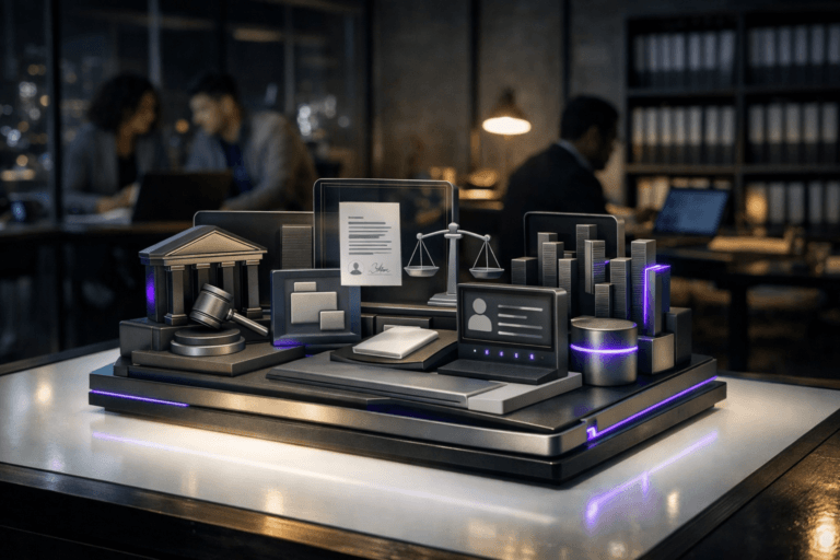 A photorealistic medium-wide cinematic shot, camera positioned approximately 1–2 meters from the subject, capturing a sleek physical desktop sculpture clearly representing “Law Tech” as a unified digital control dashboard for a modern São Paulo law firm, designed with crisp isometric-inspired geometry and playful yet refined color blocking but rendered in realistic glass, brushed metal, and matte ceramic, resting solidly on a large glowing designer’s light table that shines softly from below, with layered icons and panels suggesting cases, contracts, legal research, and client dashboards, all clearly readable as an object from a short distance, no floating elements, no on-screen text. The object integrates subtle electric-purple #7B63FF accents along its edges and in small illuminated insets to indicate intelligence and digital activity without overpowering realism, balanced by neutral corporate tones of charcoal, graphite, soft white, and desaturated teal. Set in a contemporary Tech-Noir law firm innovation studio in São Paulo at night, with glass walls hinting at city lights outside, shelves with organized legal binders, and a few diverse, realistically dressed legal professionals and knowledge workers in the softly blurred background collaborating over laptops and printed documents at nearby tables, their posture candid and focused but secondary to the sculpture. Lighting is low-key and practical, coming from the illuminated drafting light table, a nearby desk lamp, and distant office ceiling fixtures, complemented by a soft integrated white spotlight from above and slightly to the side, gently revealing the sculptural form, polished surfaces, and fine texture details while casting subtle, dramatic shadows. Cinematic realism, natural depth of field, premium materials, ultra-detailed, 8K, neutral corporate palette with restrained neon accents, subtle reflections and soft glow, no captions, no logos, no UI text, no watermarks.