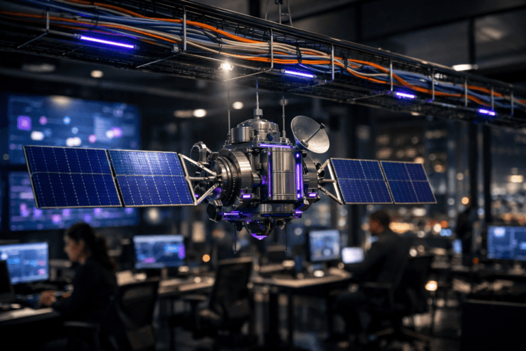 A photorealistic medium-wide cinematic shot, camera positioned approximately 1–2 meters from the subject, capturing a highly detailed physical scale model of a communications satellite with open solar panels, suspended just below a ceiling-mounted cable tray filled with neatly organized, color-coded network cables, clearly readable as the hero object within a realistic environment. The object integrates subtle electric-purple (#7B63FF) accents in fine LED lines along the satellite body and select cable glows, indicating intelligence and data flow without overpowering realism. Set in a sophisticated Tech-Noir marketing command center war room, with dark glass walls, large wall-mounted screens showing abstracted, defocused social media analytics, sleek workstations with monitors and laptops, and a distant nighttime city skyline visible through windows, with natural human presence in the background and periphery as a few diverse marketing professionals working at their desks in soft focus. Lighting is low-key and practical, coming from ceiling fixtures, monitor glow, and subtle accent strips along the cable tray, complemented by a soft integrated white spotlight from above and slightly to the side, gently revealing the satellite’s metallic textures, cable organization, and depth in the scene. Cinematic realism, natural shallow-to-medium depth of field, premium materials, ultra-detailed, 8K, no captions, no on-screen text, no watermarks.