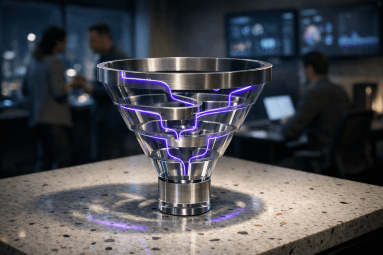 A photorealistic medium-wide cinematic shot, camera positioned approximately 1–2 meters from the subject, capturing a stylized yet physically real lead nurturing hero object: a premium glass and brushed-metal isometric funnel sculpture made of interlocking circular tiers and branching channels, resting solidly on a white terrazzo (granilite) tabletop with small multicolored stone chips, its clean geometric forms clearly readable and tactile within a realistic environment. The object integrates subtle electric-purple #7B63FF light traces and edge accents running along the channels to indicate intelligent automated flows without overpowering realism. Set in a dimly lit, high-end tech-noir marketing operations room at night, with floor-to-ceiling windows hinting at a futuristic city skyline and softly blurred wall-mounted dashboards and laptop screens in the background, where a small, diverse group of marketing and sales professionals in business-casual attire collaborate candidly, slightly out of focus at the periphery. Lighting is low-key and practical, combining the cool glow of screens with a soft integrated white spotlight from above and slightly to the side of the sculpture, gently revealing the glass transparency, brushed-metal textures, and terrazzo surface while letting the background fall into a tasteful blur. Cinematic realism, 35mm–50mm lens look, natural shallow-to-medium depth of field, neutral corporate palette of soft grays, charcoal, and off-white with restrained electric-purple and cool cyan neon accents, premium materials, ultra-detailed, 8K, no text, no captions, no watermarks.