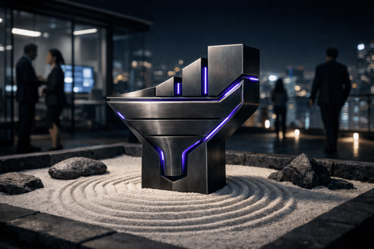 A photorealistic medium-wide cinematic shot, camera positioned approximately 1–2 meters from the subject, capturing a solid 3D sculpture of the official Lead logo as the hero object, rendered as a premium isometric-inspired monolith with clean edges and subtle engraved funnel and data-flow motifs, the logo surface finished in brushed dark metal and clearly readable within a realistic environment. The object integrates subtle electric-purple #7B63FF accents indicating intelligence or activity without overpowering realism, with thin illuminated edge lines and discreet inner reflections along the logo’s contours. The logo sculpture is placed firmly on raked white sand inside a minimalist zen garden, the sand groomed into flowing wave patterns that radiate from the base like a calm, organized sales funnel, bordered by low dark-stone edges and a few carefully positioned rocks for balance. Set in a contemporary corporate rooftop terrace at night, overlooking a softly blurred city skyline with cool blue and neutral corporate tones, glass walls of an adjacent office reflecting faint neon highlights; inside the office, computer screens and dashboards are visible as soft, defocused light panels. Natural human presence appears in the background and periphery, with a few diverse professionals in modern business attire walking along a pathway at the edge of the garden or briefly pausing to talk near the glass, slightly out of focus and clearly secondary to the Lead logo sculpture. Lighting is low-key and practical, coming from slim architectural LED strips along the garden border, soft ambient glow from the office interior and city lights, complemented by a soft integrated white spotlight from above and slightly to the side, gently revealing the logo’s form, metal texture, and the delicate grooves and shadows in the zen sand. Cinematic realism, subtle Tech-Noir mood, natural shallow-to-medium depth of field, 35mm lens look, premium materials, ultra-detailed, 8K, no captions, no text overlays, no watermarks.