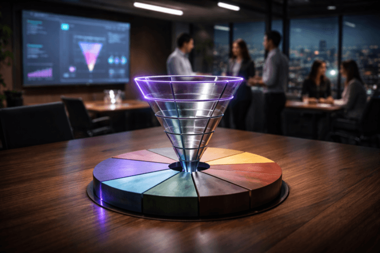 A photorealistic medium-wide cinematic shot, camera positioned approximately 1–2 meters from the subject, capturing a stylized yet physical hero sculpture representing qualified leads: a premium metal-and-glass geometric funnel emerging from the center of a painted wooden 3D pie chart laid flat on a large wooden table, the funnel composed of clean isometric segments, with the highest-value slices subtly glowing along their edges in electric purple #7B63FF and gentle neon reflections, clearly readable within a realistic environment. The object integrates subtle electric-purple accents indicating intelligence or activity without overpowering realism. Set in a modern tech-driven marketing war-room inside a Brazilian corporate office at night, with the wooden conference table as the stage, the physical painted wooden pie chart embedded in its surface, glass walls revealing a softly blurred city skyline, and a large wall-mounted screen in the background displaying out-of-focus analytics dashboards and funnel charts in cool blues and purples, while a small, diverse group of marketing professionals in business-casual attire stand and sit around the table in the periphery, candidly discussing strategy in soft focus. Lighting is low-key and practical, coming from overhead linear LEDs, the glow of the wall screen, and a few discrete desk lamps, complemented by a soft integrated white spotlight from above that gently sculpts the sculpture and pie chart, revealing form, texture, and depth with subtle tech-noir contrast. Cinematic realism, natural depth of field, premium materials, ultra-detailed, 8K, neutral corporate color palette with restrained electric-purple and teal neon accents, no captions, no text overlays, no watermarks.