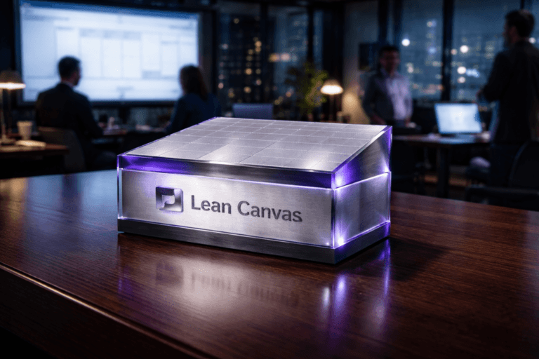 A photorealistic medium-wide cinematic shot, camera positioned approximately 1–2 meters from the subject, capturing a premium 3D isometric desktop sculpture of the official Lean Canvas logo as the hero object, crafted in translucent glass and brushed metal, its top surface subtly engraved with the Lean Canvas grid and its front face displaying the official Lean Canvas logo clearly yet tastefully, resting on a polished dark mahogany executive desk with a soft, clean reflection. The object integrates subtle electric-purple (#7B63FF) accents along its edges and internal reflections, suggesting intelligence and real-time activity without overpowering realism. Set in a sleek, glass-walled corporate product war room at night, overlooking a moody tech-noir city skyline with cool blue ambient light, soft screen glow from laptops, and a large, slightly out-of-focus digital whiteboard showing an abstracted Lean Canvas layout; a small, diverse group of realistic professionals in smart-casual attire are visible in the background and periphery, collaborating and gesturing naturally around the workspace while remaining secondary to the hero object. Lighting is low-key and practical, coming from laptop screens, the wall-mounted display, and a warm desk lamp, complemented by a soft integrated white spotlight from above and slightly to the side, gently revealing the form, texture, and depth of the Lean Canvas logo sculpture and the rich wood grain of the mahogany desk. Cinematic realism, 35mm lens look, natural shallow-to-medium depth of field with the logo sculpture in sharp focus and the people and city softly blurred, neutral corporate color palette with restrained neon purple accents, premium materials, ultra-detailed, 8K, no captions, no extraneous text overlays, no watermarks.