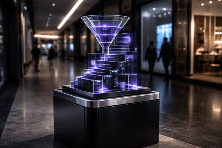 A photorealistic medium-wide cinematic shot, camera positioned approximately 1–2 meters from the subject, capturing a sleek, waist-high physical installation representing Lean Marketing: a polished black and brushed-metal pedestal-mounted glass sculpture composed of interlocking translucent marketing funnels, stacked kanban-style tiles and compact geometric data blocks, with slim embedded LED bars suggesting live metrics, the overall form clean, minimalist and slightly isometric in its stepped geometry, clearly readable within a realistic environment. The object integrates subtle electric-purple (#7B63FF) accents in the internal lighting and edge highlights, indicating intelligence or activity without overpowering realism. Set in a contemporary upscale shopping-mall corridor at night, with glossy porcelain tile flooring, reflective surfaces, softly glowing storefronts and digital signage casting cool neutral light and restrained neon-purple reflections, a tech-noir ambiance in muted grays, charcoals and deep blues, with a few diverse professionals and shoppers in business-casual attire walking past or conversing in soft focus in the background. Lighting is low-key and practical, coming from overhead linear LEDs, storefronts and screens, complemented by a soft integrated white spotlight from above and slightly to the side of the sculpture, gently revealing form, texture and depth while letting the surroundings fall into gentle shadow. Cinematic realism, natural shallow-to-medium depth of field, premium materials, ultra-detailed, 8K, no text, no captions, no watermarks.