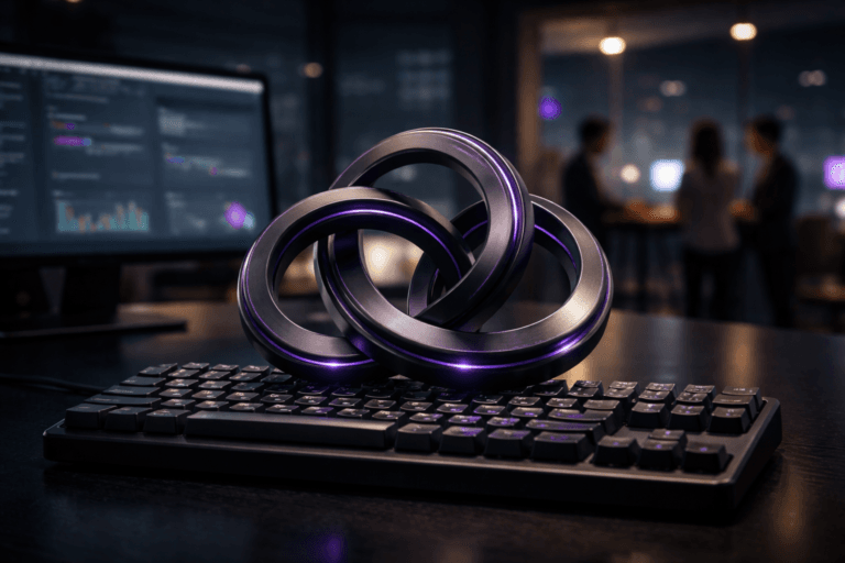 A photorealistic medium-wide cinematic shot, camera positioned approximately 1–2 meters from the subject, capturing a sleek matte-black desk sculpture embodying the Lean Startup build–measure–learn cycle as three interlocking metallic rings, physically resting across the backlit keys of a full-size mechanical keyboard on a startup founder’s desk, clearly readable within a realistic environment. The object integrates subtle electric-purple #7B63FF edge accents and faint internal glow lines suggesting intelligent data flow and continuous optimization, without overpowering realism. Set in a modern nocturnal tech-startup workspace with a large ultrawide monitor and a secondary laptop screen showing softly blurred analytics dashboards and product metrics, neon-tinged reflections on the desk surface, and a distant glass wall revealing a moody city skyline with scattered purple and teal lights, with a small diverse team of professionals in the background collaborating around a standing desk, softly out of focus. Lighting is low-key and practical, coming from screen glow, a discrete desk lamp, and cool ambient city light, complemented by a soft integrated white spotlight from above and slightly to the side, gently revealing the sculpture’s form, brushed-metal texture, and the mechanical keyboard’s keycaps and switches, with natural shadows and depth. Cinematic realism, 35mm lens look, natural depth of field isolating the Lean Startup sculpture and keyboard as the hero, neutral corporate tones with restrained neon accents, premium materials, ultra-detailed, 8K, no captions, no on-screen readable text, no watermarks.