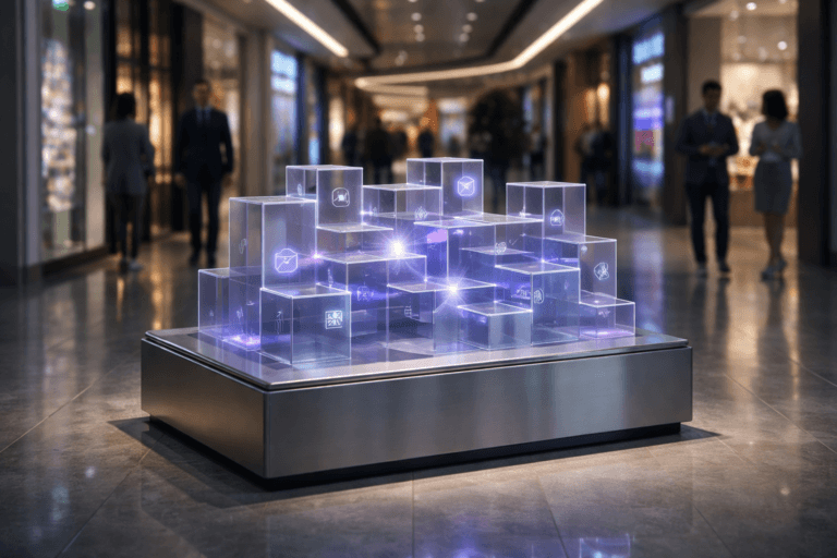 A photorealistic medium-wide cinematic shot, camera positioned approximately 1–2 meters from the subject, capturing a sleek interactive art installation as the hero object: a waist-high, premium acrylic and brushed-metal structure composed of semi-transparent 3D geometric modules arranged in a clean isometric grid, each element smoothly interlocking to represent a fluid, optimized Lean UX workflow, with subtle electric-purple (#7B63FF) accents running along the edges to indicate intelligent connection and activity, all clearly readable within a realistic environment. The object sits on a low, minimalist pedestal in the center of a modern shopping mall corridor, its polished surfaces reflecting the surroundings, seamlessly integrating with the architecture and floor. Set in a contemporary tech-noir shopping mall hallway with glossy porcelain tile flooring, glass storefronts and soft reflections, a few diverse shoppers and two professionals with tablets move naturally in the blurred background, glancing at the installation without stealing focus. Lighting is low-key and practical, coming from recessed ceiling strips, storefront displays and the glow of nearby digital screens, complemented by a soft integrated white spotlight from above that gently reveals the installation’s form, texture and depth, casting controlled reflections on the shiny floor. Cinematic realism, subtle neon-like purple accents within an otherwise neutral corporate palette of grays, blacks and muted blues, natural shallow-to-medium depth of field, premium materials, ultra-detailed, 8K, no captions, no text overlays, no watermarks, no visible logos.