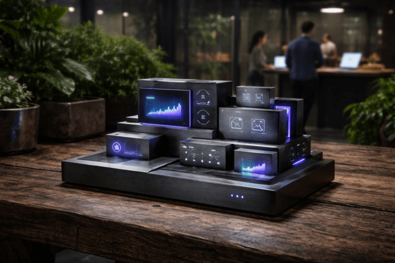 A photorealistic medium-wide cinematic shot, camera positioned approximately 1–2 meters from the subject, capturing a premium tabletop sculpture representing Legal Ops as a compact control dashboard: a solid, physically built 3D object made of brushed dark metal and matte glass blocks arranged in an isometric, tiered layout, with embedded miniature screens, glowing graph-like panels and abstract workflow symbols carved into the surfaces, resting on a rustic wooden workbench; clean, high-end industrial design, edges softly illuminated and clearly readable within a realistic environment. The object integrates subtle electric-purple (#7B63FF) accents indicating intelligence or activity without overpowering realism, with tiny status LEDs, illuminated seams and data tiles pulsing gently. Set in a modern glass-walled greenhouse workspace at night, on a wide rustic wooden potting bench surrounded by lush green plants, misted leaves and metal planters, city lights and faint reflections visible through the glass; in the background and periphery, a few diverse professionals in smart-casual attire move naturally and confer over open laptops at a standing desk, slightly out of focus, reinforcing a tech-driven legal operations setting. Lighting is low-key and practical, from overhead greenhouse lamps, laptop screens and a distant wall light, complemented by a soft integrated white spotlight from above and slightly to the side, gently revealing form, texture and depth on the Legal Ops sculpture and the wood grain of the bench. Cinematic realism, 35mm lens look, natural shallow-to-medium depth of field, premium materials, ultra-detailed, 8K, neutral corporate color palette with restrained neon purple and cyan reflections, subtle Tech-Noir mood, no text, no UI overlays, no watermarks.