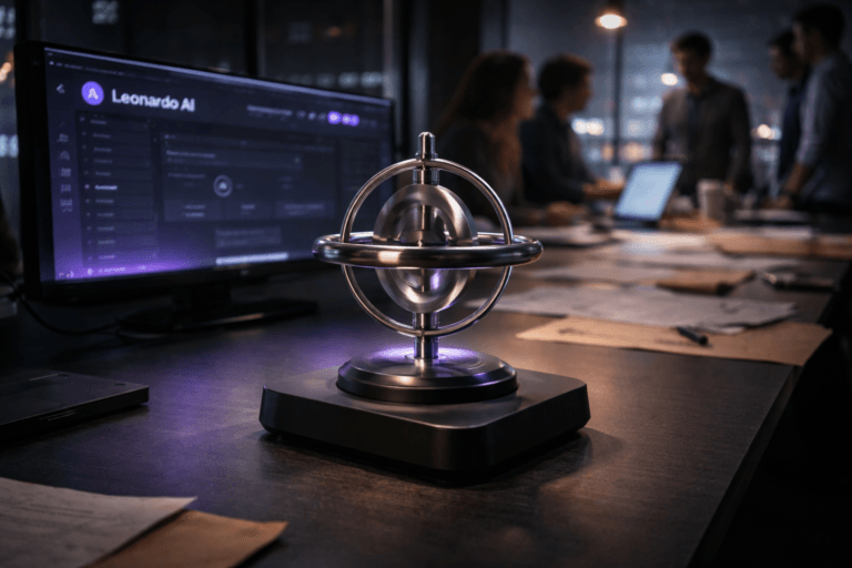 A photorealistic medium-wide cinematic shot, camera positioned approximately 1–2 meters from the subject, capturing a precision-engineered metallic gyroscope as the hero object, perfectly balanced and spinning above a matte black magnetic base on a sleek dark desk, its brushed steel surfaces ultra-detailed with subtle motion blur, delicate reflections and fine machining, with a large curved monitor just behind it displaying a dimmed Leonardo AI campaign control dashboard where the official Leonardo AI logo is clearly visible yet secondary to the gyroscope; the gyroscope and monitor frame subtle electric-purple (#7B63FF) accents in the form of thin illuminated rings, UI highlights and a faint glow kissing the metal edges, without overpowering the realistic materials. Set in a late-night tech-noir marketing war room inside a glass-walled corporate office: a long table partially covered with crumpled and smoothed kraft paper sheets used as a brainstorming surface, with taped, non-legible printouts and marker sketches spread across it, additional monitors and laptops open to creative tools, city lights and neon signs softly blurred through the windows in the background. Natural human presence appears in the periphery: a diverse group of marketing and product professionals in smart-casual attire collaborating around the kraft-paper-covered table and screens, captured candidly with neutral, focused expressions, always kept slightly out of focus so the gyroscope remains the clear focal point. Lighting is low-key and practical, coming from the monitors, a nearby desk lamp and faint city glow, complemented by a soft integrated white spotlight from above and slightly to the side that gently reveals the gyroscope’s form, texture and depth, casting clean, cinematic shadows across the kraft paper and desk. Cinematic realism, shot on a 35mm lens with natural shallow-to-medium depth of field, premium materials, ultra-detailed surfaces, restrained neon accents, no captions, no extra text overlays beyond the subtle Leonardo AI logo in the UI, no watermarks, 8K.