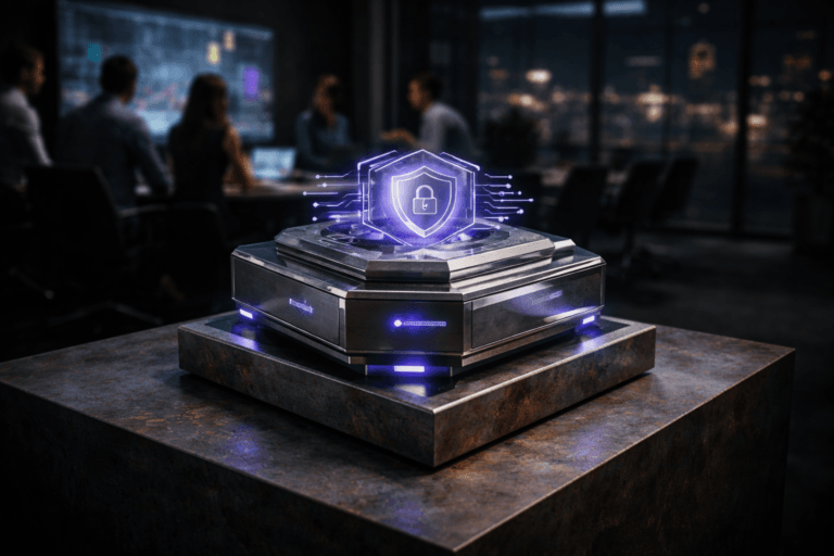 A photorealistic medium-wide cinematic shot, camera positioned approximately 1–2 meters from the subject, capturing a stylized physical tabletop “LGPD in practice” privacy control console as the hero object, a solid 3D sculpture made of brushed metal and glass with clean isometric-inspired geometry, stacked rectangular and hexagonal layers, subtle embedded icons of a shield, padlock and abstract data flows, sitting prominently on a thick oxidized steel plate with controlled rust texture used as a minimalist pedestal, clearly readable within a realistic environment. The object integrates subtle electric-purple #7B63FF accents glowing gently along edges, indicator lines and small light strips to suggest intelligence, analytics and active data protection without overpowering realism. Set in a contemporary tech-noir corporate analytics war room at night, with a long conference table extending into the background, glass walls revealing a blurred city skyline with sparse neon lights, and a diverse group of marketing and data professionals in business-casual attire collaborating around large screens and dashboards in the periphery, softly out of focus. Lighting is low-key and practical, coming from overhead office fixtures, laptop screens and wall displays, complemented by a soft integrated white spotlight from above and slightly to the side of the hero object, gently revealing form, texture and depth of the oxidized steel, brushed metal and glass surfaces while keeping the background moodier. Cinematic realism, natural depth of field, premium materials, ultra-detailed, 8K, no text, no UI labels, no watermarks.