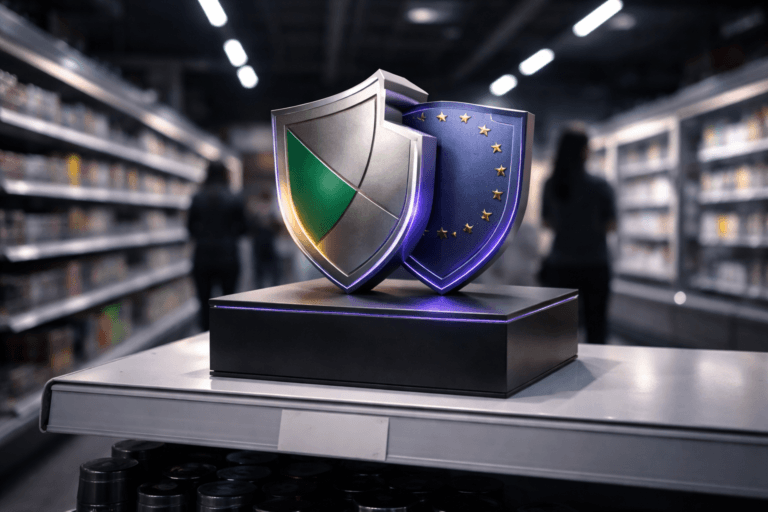 A photorealistic medium-wide cinematic shot, camera positioned approximately 1–2 meters from the subject, capturing a premium physical sculpture symbolizing unified LGPD and GDPR data-privacy compliance: two interlocking matte-metal shields with clean, faceted isometric-inspired geometry, one subtly accented with Brazilian green and gold tones, the other in deep EU blue with a ring of small metallic stars, both mounted on a sleek dark product box resting on a pristine white supermarket shelf with a minimal, blank price-tag holder beneath it. The object integrates subtle electric-purple #7B63FF LED-like edge accents and thin illuminated lines running along the contours of the shields, suggesting intelligent, always-on data protection without overpowering the realism. Set in a modern supermarket aisle at night with a restrained Tech-Noir mood: long rows of white shelves receding into the distance, cool overhead strip lights and discreet digital shelf displays casting soft reflections on a glossy floor, hints of refrigerated cases glowing faintly in the background, and a few diverse shoppers in business-casual attire softly out of focus in the mid-ground, casually browsing products and adding a natural human presence. Lighting is low-key and practical, coming from the ceiling fixtures and nearby cool display lights, complemented by a soft integrated white spotlight from above and slightly to the side that gently reveals the form, metal textures, and subtle reflections of the hero object while leaving the background in a pleasant soft blur. Cinematic realism, natural shallow-to-medium depth of field, neutral corporate color palette with restrained electric-purple accents, premium materials, ultra-detailed, 8K, no captions, no readable text, no watermarks.