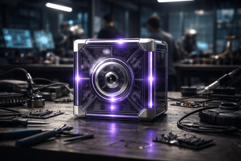 A photorealistic medium-wide cinematic shot, camera positioned approximately 1–2 meters from the subject, capturing a refined real-world hero object: a stylized physical “LGPD compliance core” sculpture sitting on a robotics assembly workbench, formed by a solid, premium acrylic cube with beveled edges, layered translucent panels and an embedded circular lock-like core, subtle circuit-trace engravings and indicator LEDs, combining brushed metal and glassy surfaces, clearly readable and central within a realistic environment, no readable text on the object. The object integrates subtle electric-purple (#7B63FF) accents along its edges and in the inner lock core, suggesting intelligent data protection and activity without overpowering realism. Set in a modern Tech-Noir robotics lab environment: a lived-in assembly table covered with neatly scattered tools, robot parts, wiring harnesses, sensors and small circuit boards, with softly out-of-focus engineers in diverse, professional attire working in the background, glowing monitors with blurred dashboards, and a distant window hinting at a rainy city skyline with faint neon reflections. Lighting is low-key and practical, coming from overhead lab fixtures, monitor glow and a few task lamps, complemented by a soft integrated white spotlight from above and slightly to the side, gently revealing form, texture, and depth of the LGPD sculpture and the surrounding tools. Cinematic realism, natural shallow-to-medium depth of field, premium materials, ultra-detailed, 8K, neutral corporate color palette with restrained electric-purple neon accents, no captions, no text overlays, no watermarks.