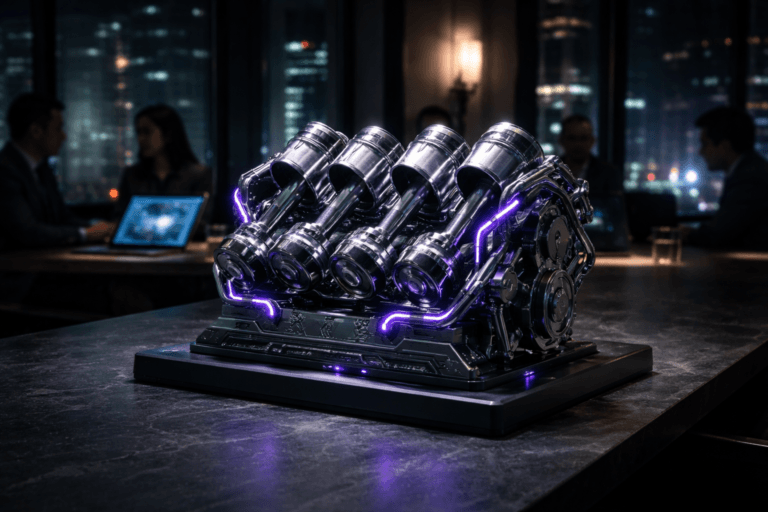 A photorealistic medium-wide cinematic shot, 35mm lens, camera positioned approximately 1–2 meters from the subject, capturing a stylized yet realistic V8 engine as the refined real-world hero object, its polished metal pistons and cylinders frozen in dynamic mid-motion, compactly mounted on a natural black slate tabletop, with discreet etched circuitry patterns and tiny embedded status LEDs to symbolically represent an intelligent 2025 software licensing control engine, clearly readable within a realistic environment. The object integrates subtle electric-purple (#7B63FF) accents indicating intelligence or activity without overpowering realism, with delicate purple light tracing cable lines, piston edges, and indicator lights, blending into cool steel tones and dark slate. Set in a modern tech-noir corporate meeting room at night in a glass-walled high-rise office, the black slate table extending into the scene, city lights and muted neon reflections outside the windows, blurred large wall displays and laptop screens on the table showing abstract dashboards of charts and graphs (no legible text), and a small, diverse group of professionals in business and smart-casual attire softly out of focus in the background and periphery, engaged in quiet discussion around the table. Lighting is low-key and practical, coming from laptop screens, a wall-mounted display, and a few overhead recessed fixtures, complemented by a soft integrated white spotlight from above and slightly to the side of the engine, gently revealing fine machining marks on metal, subtle reflections, and the natural texture of the slate surface, creating a cinematic gradient from light into shadow. Cinematic realism, natural shallow-to-medium depth of field, premium materials, ultra-detailed, 8K, no captions, no text overlays, no watermarks.