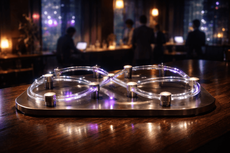 A photorealistic medium-wide cinematic shot, camera positioned approximately 1–2 meters from the subject, capturing a sleek real-world hero object: a physical tabletop sculpture that represents lifecycle marketing as a looping metro-style network, made of translucent glass tracks and brushed-metal “stations” arranged in connected cycles, with tiny embedded LED nodes glowing softly, placed on a polished dark-wood bar counter in sharp focus, clearly readable within a realistic environment. The object integrates subtle electric-purple (#7B63FF) accents along some nodes and paths, suggesting intelligent data flow and activity without overpowering realism. Set in a dimly lit, modern tech-noir cocktail bar with a long dark-wood counter, reflective black stone surfaces, and a backdrop of floor-to-ceiling windows revealing a rainy nighttime city with soft neon reflections in purples and cool blues; blurred figures of diverse professionals in smart-casual attire converse in the background, some silhouettes near laptops and soft screen glow in the periphery, adding human presence without stealing focus. Lighting is low-key and practical, coming from warm pendant lamps above the bar, subtle screenlight from nearby devices, and complemented by a soft integrated white spotlight from above and slightly to the side of the sculpture, gently revealing its glass transparency, metallic texture, and depth, casting refined reflections on the polished wood. Cinematic realism, natural shallow-to-medium depth of field, premium materials, ultra-detailed, 8K, no text, no captions, no logos, no watermarks.