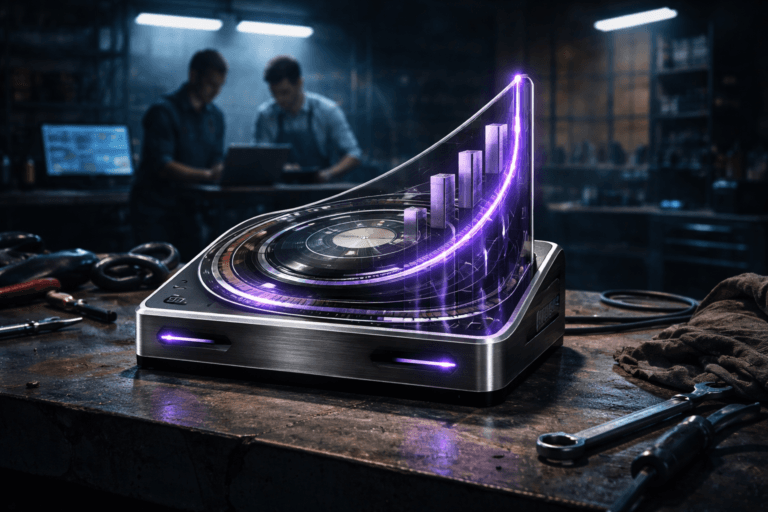 A photorealistic medium-wide cinematic shot, camera positioned approximately 1–2 meters from the subject, capturing a tangible, high-end cockpit-style control instrument that physically embodies Lifetime Value: a compact metal-and-glass data sculpture resting on the table, with layered circular gauges, stacked bars and flowing curved tracks rising upward to suggest long-term revenue growth, precision-machined edges, premium brushed steel, dark glass surfaces and subtle inlaid LED lines in electric purple #7B63FF pulsing softly along the growth paths to indicate intelligence and continuous optimization, all clearly readable as the hero object within a realistic environment. The object sits on an oil-stained mechanic’s workbench inside a late-night urban auto garage reimagined as a Tech-Noir analytics war room, with scattered tools, cables and worn rags around it, distant computer monitors casting cool blue light, industrial shelves, and a hint of city glow filtering through a high side-window. In the soft-focus background, a diverse pair of professionals in mechanic overalls and casual office attire quietly review data on a laptop and tablet, their posture candid and neutral, reinforcing the idea of real-world operations tuned by long-term value. Lighting is low-key and practical, coming from overhead workshop lamps, the cool glow of nearby screens, and a soft integrated white spotlight from the upper side that gently sculpts the control instrument, revealing its form, metallic texture and depth while letting the workspace fall into moody Tech-Noir shadows. Subtle electric-purple reflections accent the edges of the device and a few nearby tools without overpowering the neutral corporate and industrial tones. Cinematic realism, natural shallow-to-medium depth of field, premium materials, ultra-detailed, crisp reflections and micro-textures, 8K, no captions, no text overlays, no watermarks.