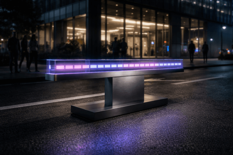 A photorealistic medium-wide cinematic shot, camera positioned approximately 1–2 meters from the subject, capturing a real-world hero object: a waist-high physical data sculpture representing the Linear Attribution model, a sleek brushed-metal and glass timeline bar divided into equal, evenly spaced illuminated segments along a straight path, each segment glowing with identical intensity, mounted on a solid, minimalist pedestal standing on the ground, clearly readable within a realistic environment. The object integrates subtle electric-purple (#7B63FF) light accents running through the segments and edges, suggesting intelligence and balanced data flow without overpowering realism. Set on a dark, slightly wet asphalt surface with crisp white road markings, in front of a contemporary glass-and-steel office building at night in a subtle Tech-Noir cityscape, neon reflections and distant traffic lights creating soft bokeh and atmospheric depth, with natural human presence in the background or periphery: a few diverse marketing and analytics professionals in business-casual clothing walking near the office entrance and pausing to look at the sculpture, softly out of focus so the object remains the primary focal point. Lighting is low-key and practical, coming from overhead street lamps, the building’s lobby glow, and the gentle emission of the sculpture itself, complemented by a soft integrated white spotlight from above and slightly to the side, gently revealing the form, polished metal, glass textures, and reflections on the wet asphalt. Cinematic realism, 35mm lens look, natural shallow-to-medium depth of field, neutral corporate color palette with restrained electric-purple accents, premium materials, ultra-detailed, 8K, high dynamic range, no text, no UI, no captions, no watermarks.