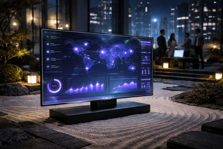 A photorealistic medium-wide cinematic shot, camera positioned approximately 1–2 meters from the subject, capturing a large ultra-thin glass-panel monitor mounted on a low matte-black pedestal in the center of a minimalist corporate zen garden, displaying a sophisticated 3D isometric SEO link-building performance interface with abstract charts, connection lines across a stylized world map and clean modular data tiles, all elements crisp and clearly readable as visuals but without any legible text or numbers, with subtle electric-purple #7B63FF accents pulsing along key interface elements and edges to suggest intelligent real-time analysis. The object integrates subtle electric-purple accents indicating intelligence or activity without overpowering realism. Set in a nocturnal rooftop zen garden of a modern corporate office, white sand meticulously raked into flowing wave patterns, dark stone paths and low concrete benches, framed by glass walls revealing a Tech-Noir city skyline with soft neon reflections in cool blues and purples; in the background, slightly out of focus, a small diverse group of business professionals in smart-casual attire stand and sit around secondary laptops and tablets at the garden’s edge, calmly discussing strategy, their screens casting a gentle glow. Lighting is low-key and practical, coming from the interface itself, discrete floor-level garden lights and distant city glow, complemented by a soft integrated white spotlight from above and slightly to the side, gently revealing the monitor’s glossy surface, the texture of the raked sand and stone, and the silhouettes of the people, creating rich contrast and depth without harsh shadows. Cinematic realism, natural depth of field with the hero interface in sharp focus and background softly blurred, 35mm lens look, premium materials, ultra-detailed, no captions, no on-screen text, no watermarks, 8K.
