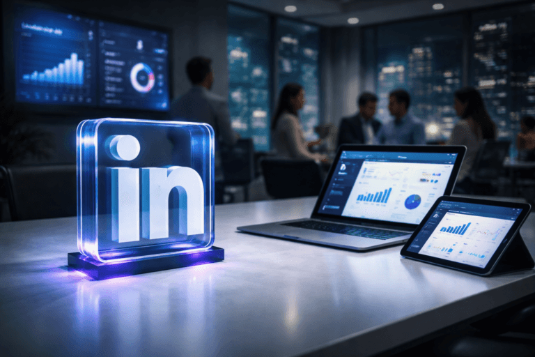 A photorealistic medium-wide cinematic shot, camera positioned approximately 1–2 meters from the subject, capturing a solid 3D acrylic LinkedIn logo sculpture in official blue, designed in an isometric blocky form and placed on a sleek, white frosted-glass conference table that subtly evokes a smooth dry-ice-like surface, next to an open laptop and tablet displaying LinkedIn Ads campaign dashboards, the LinkedIn logo clearly readable on both the sculpture and the device screens within a realistic environment. The object integrates subtle electric-purple (#7B63FF) accent reflections and thin light traces around its edges and base, hinting at data flow and AI-driven intelligence without overpowering realism or altering the core brand colors. Set in a modern glass-walled corporate meeting room at night in a high-rise, overlooking a futuristic city with soft neon lights, multiple wall-mounted screens in the background displaying complex LinkedIn Ads performance metrics and funnel charts in cool blues and electric purple, with a diverse group of marketing and finance professionals in business-casual attire seated and standing around the table, slightly out of focus as they discuss campaign results. Lighting is low-key and practical, coming from the laptop, tablets, wall screens, and a few overhead recessed fixtures, complemented by a soft integrated white spotlight from above that gently highlights the LinkedIn logo sculpture, the cool sheen of the white table surface, and the nearby devices, revealing form, texture, and depth. Cinematic realism, natural depth of field, premium materials, ultra-detailed, 8K, subtle tech-noir color palette with restrained neon accents, no captions, no text overlays, no watermarks.