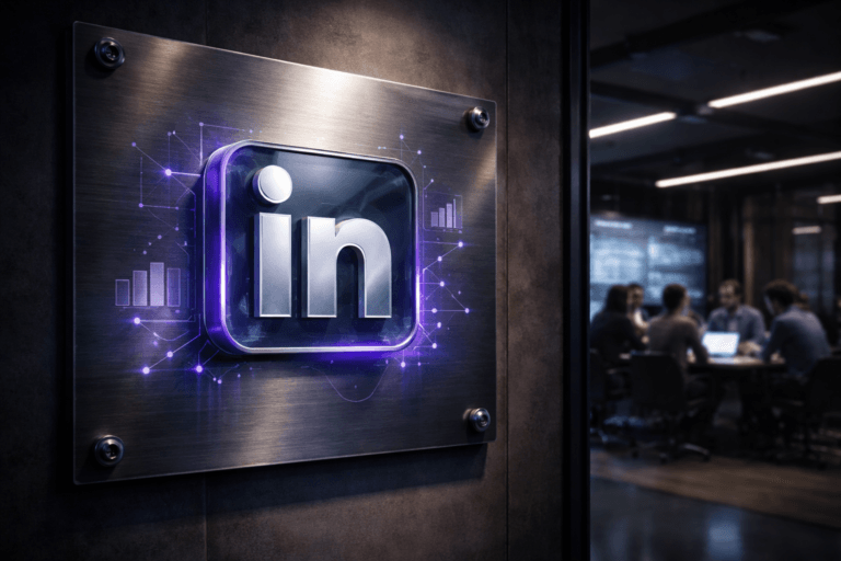 A photorealistic medium-wide cinematic shot, camera positioned approximately 1–2 meters from the subject, capturing a large brushed-metal wall-mounted panel with industrial screws in each corner, featuring the official LinkedIn logo as a solid 3D isometric glass-and-metal emblem surrounded by subtle analytics iconography (abstract bars, nodes, and line graphs) clearly readable within a realistic environment. The object integrates subtle electric-purple (#7B63FF) edge-lighting and interface-like glow indicating intelligence or activity without overpowering realism. Set in a dim, high-end B2B marketing analytics war-room style conference space at night, with glass walls, metal and dark-wood finishes, scattered laptops and monitors showing soft-focus LinkedIn-style dashboards and charts (no legible text), and a small group of diverse professionals in the background collaborating around a central table in soft focus, adding scale and context. Lighting is low-key and practical, coming from overhead linear fixtures, laptop screens, and wall displays, complemented by a soft integrated white spotlight from above that grazes the metal panel, gently revealing form, texture, and depth. Cinematic realism, natural shallow-to-medium depth of field, premium materials, subtle tech-noir atmosphere with restrained electric-purple neon reflections, ultra-detailed, 8K, no text overlays, no captions, no watermarks.