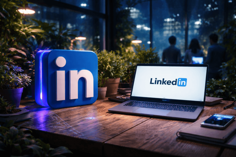 A photorealistic medium-wide cinematic shot, camera positioned approximately 1–2 meters from the subject, capturing a solid 3D isometric LinkedIn logo sculpture in glossy blue and white acrylic resting on a rustic wooden greenhouse workbench, beside an open high-end laptop where the official LinkedIn logo is clearly visible on the interface, surrounded by small potted plants, cables, and subtle circuit-like engravings on the bench that hint at data flows and integrations, all clearly readable within a realistic environment. The object integrates subtle electric-purple #7B63FF accents indicating intelligence or activity without overpowering realism, with a faint purple glow tracing the edges of the 3D logo and keyboard backlight. Set in a modern biophilic corporate greenhouse corner at night, with large glass panels revealing a moody tech-noir city skyline, cool blue reflections on the glass, and the wooden workbench lined with lush foliage, a tablet, notebooks, and a smartphone on the side; a few diverse professionals in business-casual attire are visible in the soft-focus background, conversing and checking dashboards on their devices. Lighting is low-key and practical, coming from the laptop screen, small desk grow-lamps for the plants, and distant city light, complemented by a soft integrated white spotlight from above and slightly to the side, gently revealing form, texture, and depth on the LinkedIn logo, wood grain, and plant leaves. Cinematic realism, natural depth of field, premium materials, ultra-detailed, 8K, no captions, no text overlays, no watermarks.