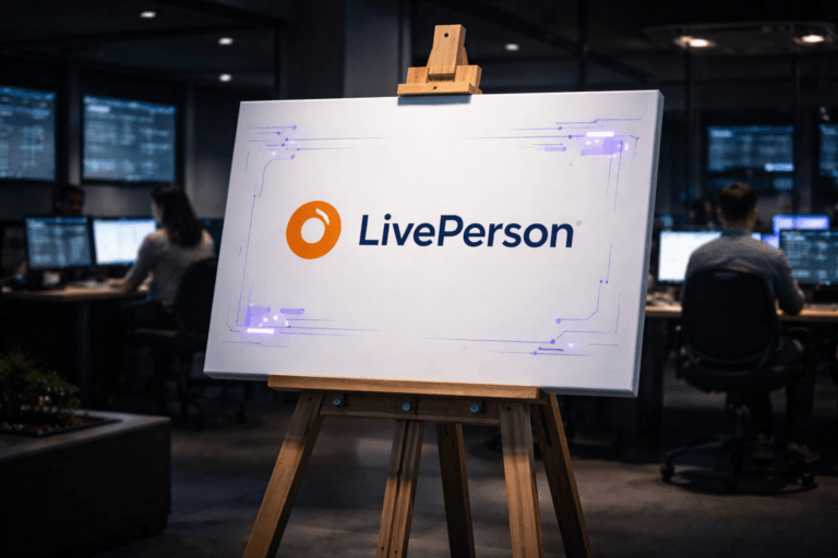 A photorealistic medium-wide cinematic shot, camera positioned approximately 1–2 meters from the subject, capturing a large white canvas mounted on a modern wooden easel as the hero object, the canvas displaying the official LivePerson logo rendered as a crisp 3D isometric emblem with subtle interface-like geometric elements that evoke a conversational AI control panel, the logo clearly readable and naturally integrated into the canvas surface. The object integrates subtle electric-purple (#7B63FF) accents along edges and abstract UI motifs to indicate intelligence and real-time activity, without overpowering a neutral corporate palette of charcoal, graphite, and soft whites. Set in a realistic tech-noir digital contact center command room at night, with glass walls, rows of contemporary workstations and multiple wall-mounted dashboards and conversation streams softly glowing in the background, a few diverse CX agents and supervisors in business-casual attire working at their screens, candid and slightly out of focus so they remain secondary to the easel and canvas. Lighting is low-key and practical, coming from monitors, desk lamps, and a few overhead fixtures, complemented by a soft integrated white spotlight from above and slightly to the side of the canvas and easel, gently revealing the texture of the wood, the matte grain of the canvas, and the dimensionality of the LivePerson logo while the rest of the room falls into a tasteful soft blur. Cinematic realism, natural shallow-to-medium depth of field, 35mm–50mm lens look, premium materials, ultra-detailed, 8K, no captions, no text overlays, no watermarks.