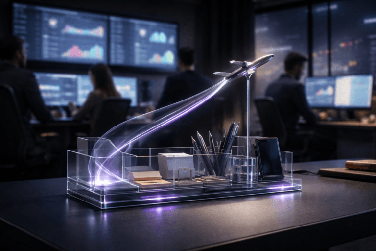 A photorealistic medium-wide cinematic shot, camera positioned approximately 1–2 meters from the subject, capturing a transparent acrylic desk organizer on a sleek dark workstation, topped with a small brushed-metal airplane sculpture suspended on a thin support, its semi-translucent smoke trail forming a clean geometric pattern that arches upward above the organizer like a stylized live-analytics graph, clearly readable within a realistic environment. The object integrates subtle electric-purple (#7B63FF) accents along the airplane fuselage, within the smoked acrylic trail and as faint UI-like reflections on the edges of the acrylic organizer, indicating intelligence or activity without overpowering realism. Set in a Tech-Noir social media “war room” office at night, with multiple ultrawide monitors on the wall showing softly blurred live-stream dashboards and engagement charts with no legible text, a large window hinting at a futuristic city skyline with distant neon lights, and a diverse group of marketing professionals in the background and periphery, casually monitoring live chats and metrics at their stations, naturally posed, slightly out of focus. Lighting is low-key and practical, driven by the cool glow of the monitors, subtle desk lamps and city light spill, complemented by a soft integrated white spotlight from above and slightly to the side of the hero object, gently revealing form, texture and depth on the acrylic, metal and desktop surfaces. Cinematic realism, 35mm–50mm photographic look, natural shallow-to-medium depth of field, neutral corporate color palette with restrained electric-purple neon accents, premium materials, ultra-detailed, 8K, no captions, no text overlays, no watermarks.