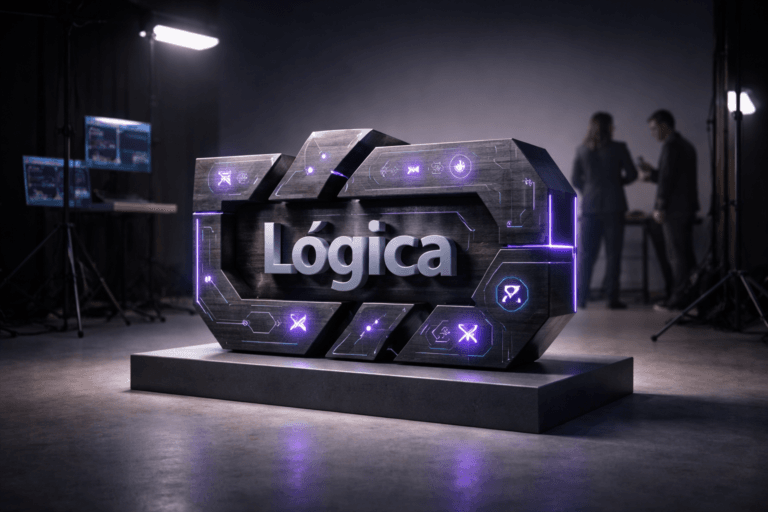 A photorealistic medium-wide cinematic shot, camera positioned approximately 1–2 meters from the subject, capturing a solid 3D isometric-inspired “Lógica” logo sculpture as the hero object, made of brushed dark metal with clean beveled edges, mounted realistically on a low minimalist pedestal on the studio floor, the Lógica brand logo clearly visible on the front surface and subtly engraved circuit-like patterns, flowchart arrows, and small code-block icons representing modern logic, QA, and CI/CD tools integrated into the structure, clearly readable within a realistic environment. The object integrates subtle electric-purple (#7B63FF) accents indicating intelligence or activity without overpowering realism, with fine LED-like lines and reflections running along some edges and inlaid symbols. Set in a modern photography studio with a seamless colored cyclorama backdrop, tech-noir mood, featuring neutral grey and deep charcoal tones washed with restrained electric-purple rim light, visible studio equipment like softboxes, light stands, and a couple of monitors off to the side showing blurred code editors, with a few diverse professionals in the background adjusting lights or quietly discussing around a laptop, slightly out of focus and secondary to the logo. Lighting is low-key and practical, coming from studio softboxes, monitor glow, and a subtle window or doorway off-frame, complemented by a soft integrated white spotlight from above and slightly to the side, gently revealing the logo’s form, metal texture, and depth while casting realistic shadows onto the cyclorama. Cinematic realism, natural shallow-to-medium depth of field, 35mm–50mm look, premium materials, ultra-detailed, 8K, neutral corporate palette with restrained neon accents, no captions, no text overlays, no watermarks.