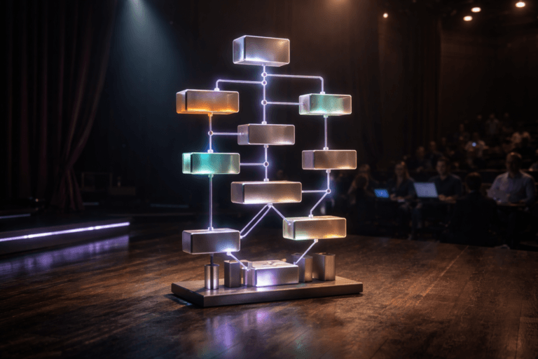 A photorealistic medium-wide cinematic shot, camera positioned approximately 1–2 meters from the subject, capturing a stylized physical hero sculpture representing programming logic: a premium 3D artwork made of interlocking translucent glass and matte metal blocks arranged like a flowchart and algorithm tree, with colorful layered modules and subtle glowing connection lines, standing alone at center stage on a dark polished wooden theater floor, clearly readable within a realistic environment. The sculpture mixes soft neutral tones with subtle electric-purple (#7B63FF) accents along edges and connection nodes to suggest digital intelligence and data flow without overpowering realism. Set in a dimly lit theater with dark wood stage, heavy velvet curtains and minimal stage props, a tech-noir atmosphere enhanced by faint neon purple and cyan strip lights along the stage edges, with a few casually dressed, diverse people in soft focus seated in the front rows of the audience, faces gently lit by laptop screens and reflections from the sculpture, providing natural human presence in the periphery. Lighting is low-key and practical, coming from the laptops, discreet side stage lights and a soft integrated white spotlight from above, forming a clear cone of light around the sculpture, revealing form, texture, and depth while the background falls into cinematic shadow. Cinematic realism, natural shallow-to-medium depth of field, 35mm lens look, premium materials, ultra-detailed, subtle lens bloom and atmospheric haze, neutral corporate color palette with restrained neon accents, 8K, no text, no captions, no UI, no watermarks.