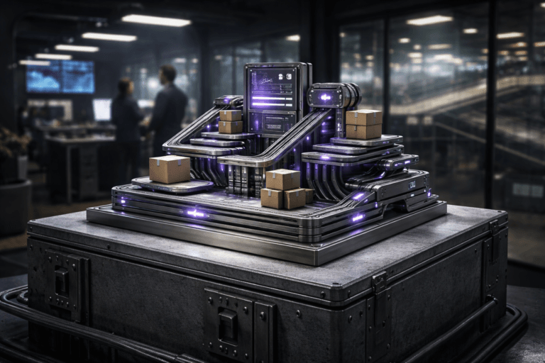 A photorealistic medium-wide cinematic shot, camera positioned approximately 1–2 meters from the subject, capturing a desk-sized premium physical sculpture that represents “Marketing Logistics”: a sleek metallic centerpiece composed of interlocking miniature conveyor belts, small parcel boxes, stacked dashboard-like panels and subtle routed cable paths, arranged in a clear, geometric composition, resting solidly on top of an industrial gray electrical distribution box, all clearly readable within a realistic environment. The object integrates subtle electric-purple (#7B63FF) LED accents along edges, arrows and connection points, indicating data intelligence and flow without overpowering the natural metal and neutral tones. Set in a modern tech-noir logistics control room inside a large fulfillment center at night, with glass windows revealing softly blurred conveyor lines and shelving in the background, wall-mounted monitors displaying abstracted real-time dashboards, and a few diverse professionals in business-casual attire collaborating around screens and whiteboards in the periphery, naturally out of focus. Lighting is low-key and practical, coming from ceiling strip lights, workstation lamps and monitor glow, complemented by a soft integrated white spotlight from above and slightly to the side of the sculpture, gently revealing form, texture and depth on the metal surfaces and the industrial gray box. Cinematic realism, 35mm lens look, natural shallow-to-medium depth of field, premium materials, ultra-detailed, 8K, neutral corporate palette with restrained electric-purple neon accents, no captions, no text overlays, no watermarks.