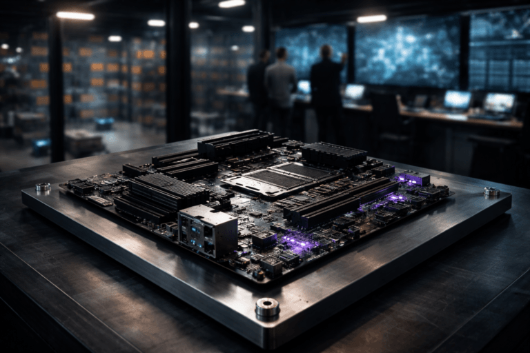 A photorealistic medium-wide cinematic shot, camera positioned approximately 1–2 meters from the subject, capturing a complex server-grade motherboard resting flat on a slightly elevated brushed metal plate with visible grain and sturdy industrial screws at each corner, its dense copper traces and realistic chips, heatsinks and ports clearly readable within a realistic environment. The object integrates subtle electric-purple #7B63FF accents in tiny status LEDs and edge glows along select circuits, indicating intelligence and data flow without overpowering realism. Set in a Tech-Noir urban logistics control room inside a São Paulo distribution center at night, with glass walls revealing a blurred view of tall warehouse racks, conveyor lines and autonomous mobile robots moving in the background, and large wall-mounted screens displaying softly glowing maps and digital-twin simulations of a logistics network. Natural human presence appears in the periphery: a few diverse logistics professionals in business-casual attire working at their workstations and conferring near the screens, captured candidly with neutral expressions and kept slightly out of focus so the motherboard remains the clear hero object. Lighting is low-key and practical, coming from overhead industrial fixtures, the glow of monitors and accent LEDs, complemented by a soft integrated white spotlight from above and slightly to the side that gently reveals the form, metallic texture and depth of the motherboard and brushed metal plate, while the background falls into a moody mix of neutral greys, deep shadows and restrained neon purple-blue reflections. Cinematic realism, 35mm lens look, natural shallow-to-medium depth of field, premium materials, ultra-detailed, 8K, no text, no captions, no watermarks.