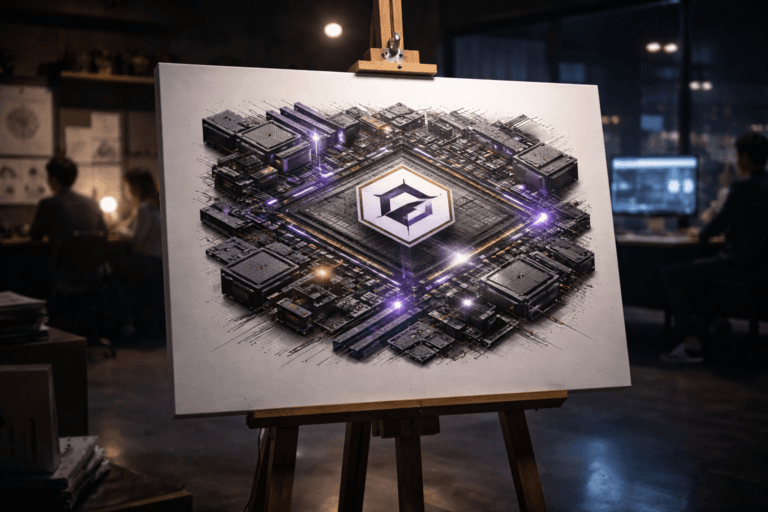 A photorealistic medium-wide cinematic shot, camera positioned approximately 1–2 meters from the subject, capturing a large white artist’s canvas on a wooden easel as the hero object, the canvas filled edge-to-edge with a hyper-detailed 3D isometric illustration of a complex motherboard, visible copper traces forming a precise modular grid and pathways around a clean, minimal geometric logo mark at the center, with a few components subtly glowing to suggest live digital architecture, clearly readable within a realistic environment. The object integrates subtle electric-purple #7B63FF accents along selected circuit paths and around the central logo, indicating intelligence and activity without overpowering realism. Set in a dimly lit tech branding studio at night, a sophisticated hybrid of design atelier and software lab with concrete floor, dark walls, large monitors showing blurred UI layouts, shelves with prototypes and hardware parts, and a glass wall revealing soft city lights outside, with a few diverse professionals in smart-casual clothing collaborating around laptops and pinned logo sketches in the background, naturally out of focus in the periphery. Lighting is low-key and practical, coming from desk lamps, monitor glow, and a narrow window strip, complemented by a soft integrated white spotlight from above that gently highlights the easel, canvas texture, and the metallic sheen of the motherboard illustration, revealing form, depth, and premium materials. Cinematic realism, tech-noir atmosphere, natural shallow-to-medium depth of field, 35mm lens look, neutral corporate tones with restrained neon purple accents, ultra-detailed, 8K, no captions, no text overlays, no watermarks.